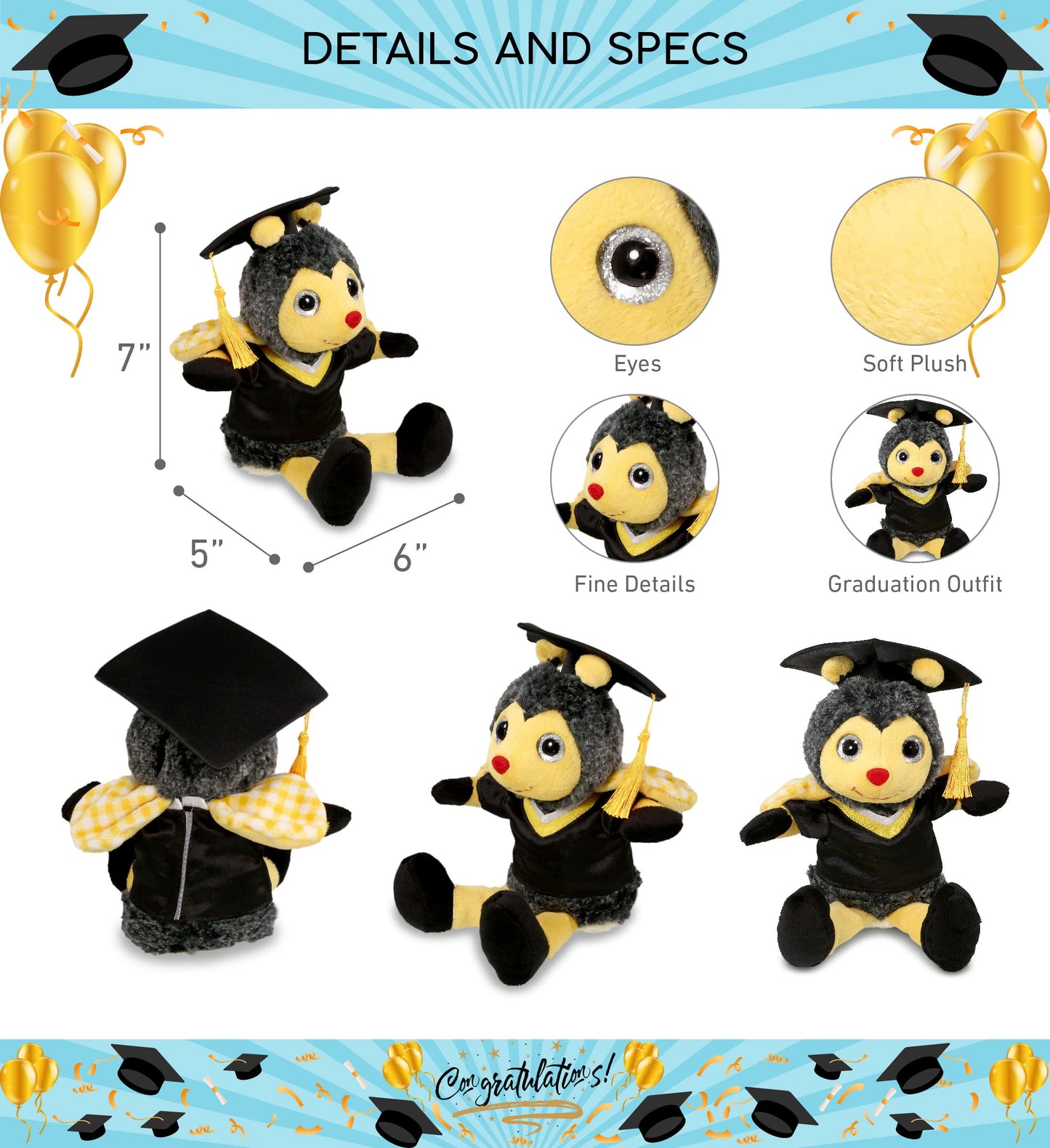 DolliBu Sitting Honeybee Graduation Plush Toy - Super Soft Graduation Stuffed Animal Dress Up with Gown and Cap with Tassel Outfit - Cute