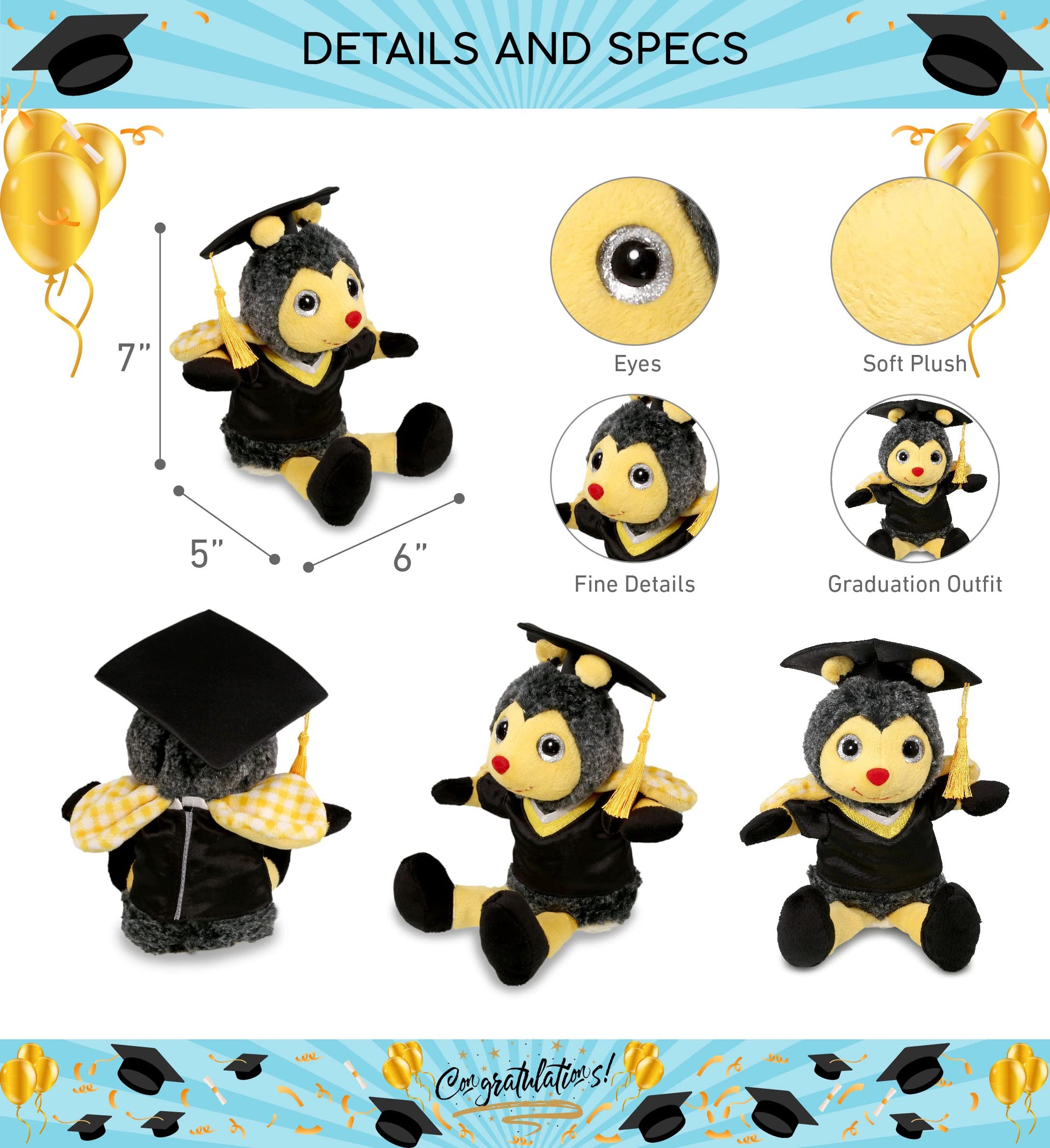 DolliBu Sitting Honeybee Graduation Plush Toy - Super Soft Graduation Stuffed Animal Dress Up with Gown and Cap with Tassel Outfit - Cute