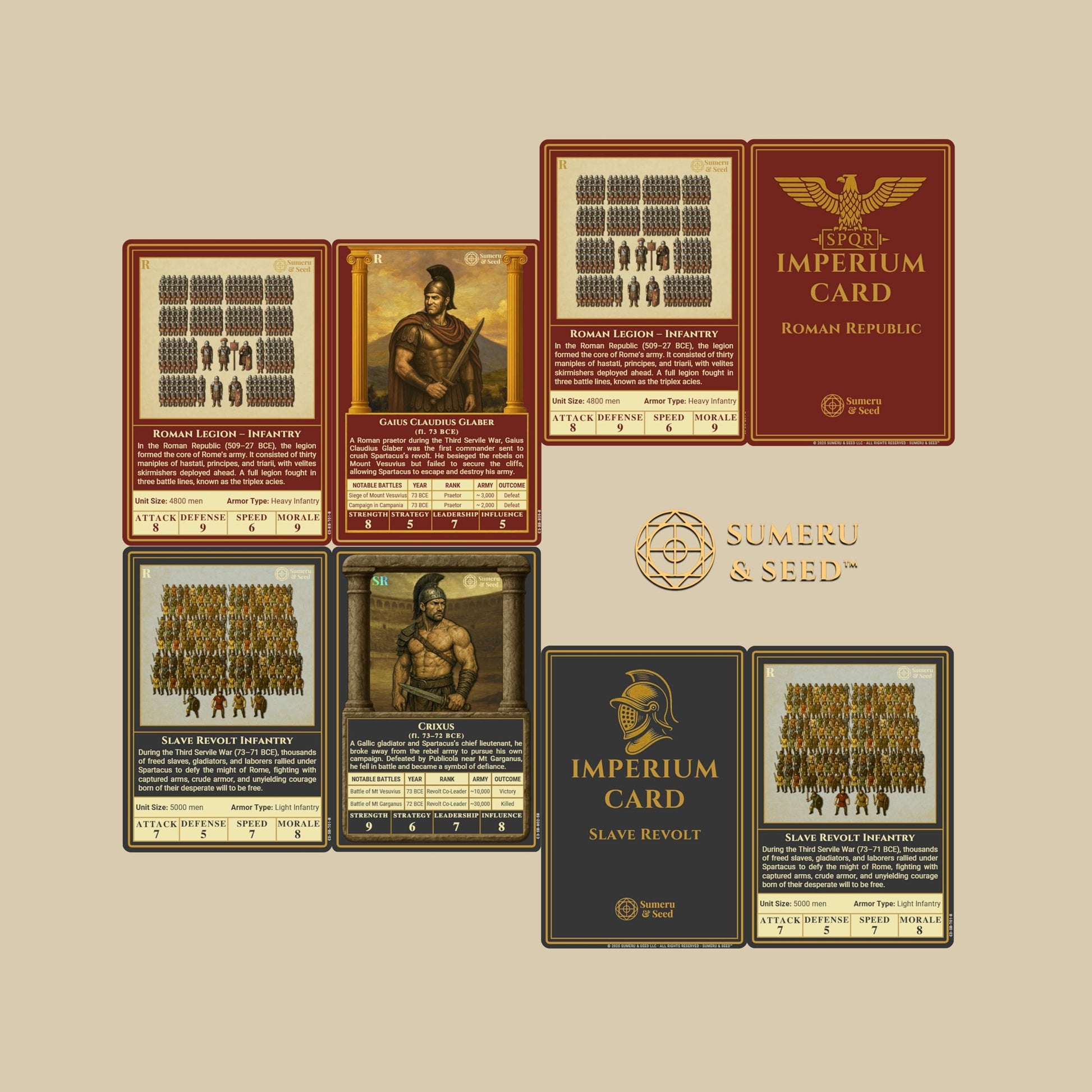 Sumeru & Seed Imperium Cards - Historical Strategy Card System - The Third Servile War Core Set - Spartacus Revolt - Sandbox Tabletop Experience