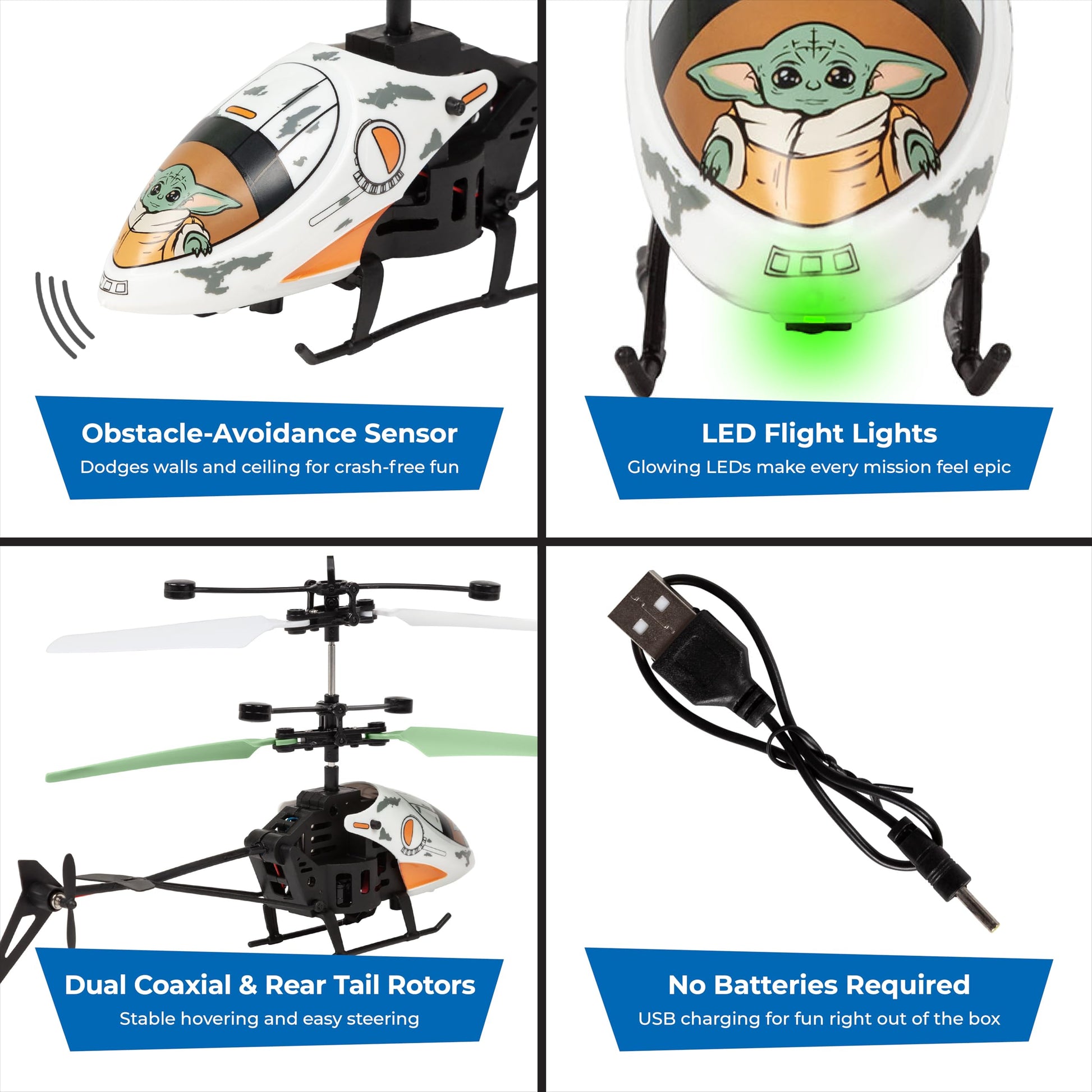 Star Wars Baby Yoda Remote Control Helicopter, LED Lights, Motion Sensor