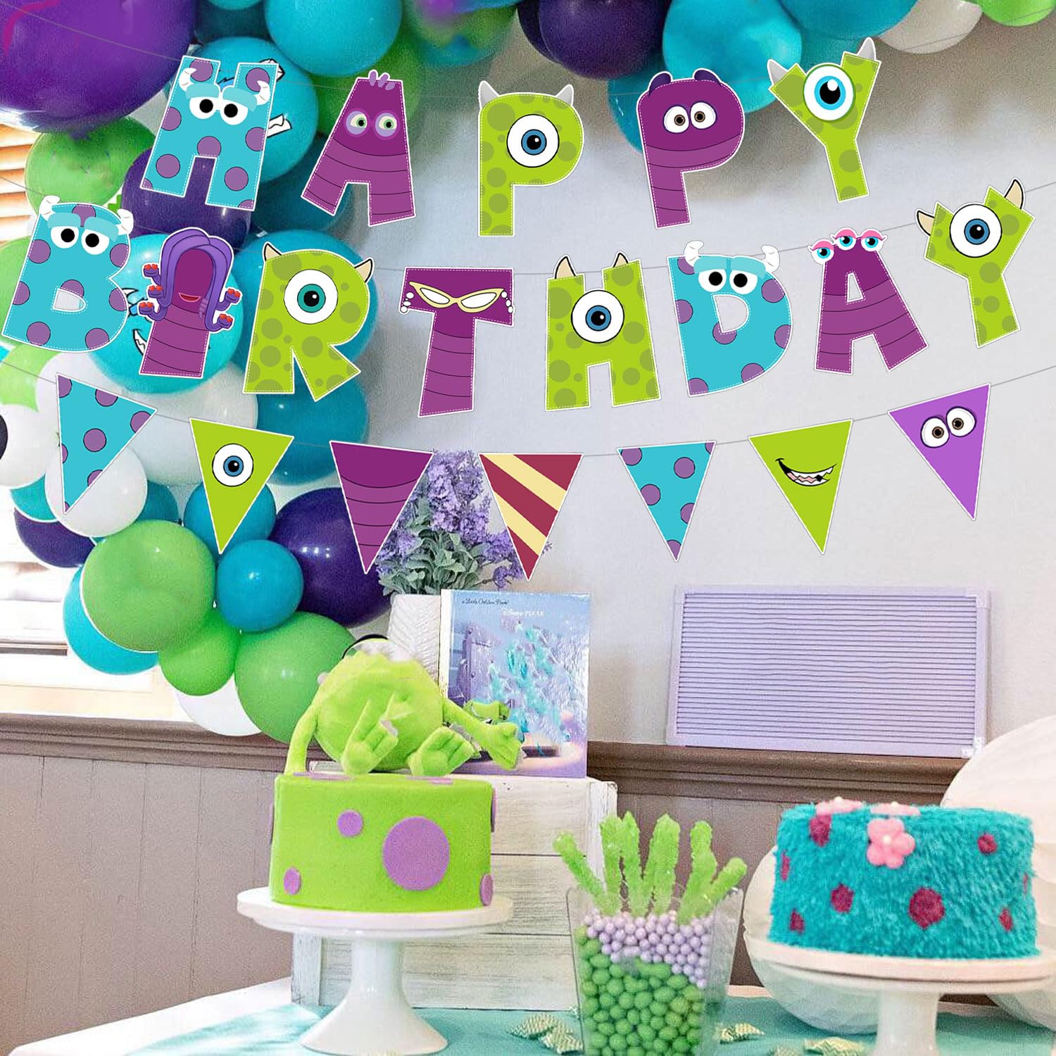 3 Pcs Monster Birthday Banner and Garland - Cute Monster Theme Party Decorations for Kids Birthday, Baby Shower, Boys Girls Celebration Supplies
