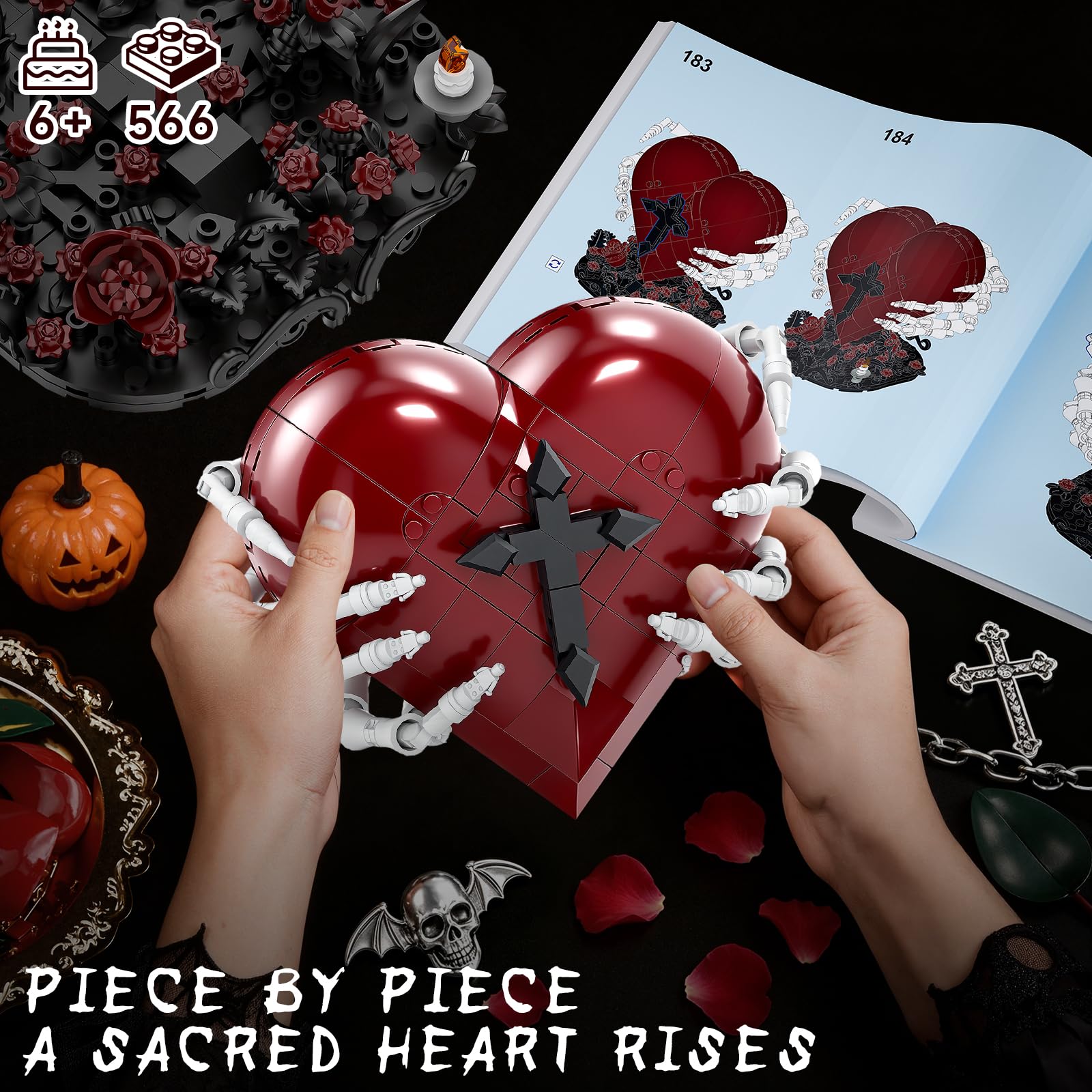 Gothic Sacred Heart of Jesus Building Set, Skeleton Hand, Roses & Cross Dark Aesthetic Catholic Model Kit, Horror Goth Home Decor, Halloween Christmas