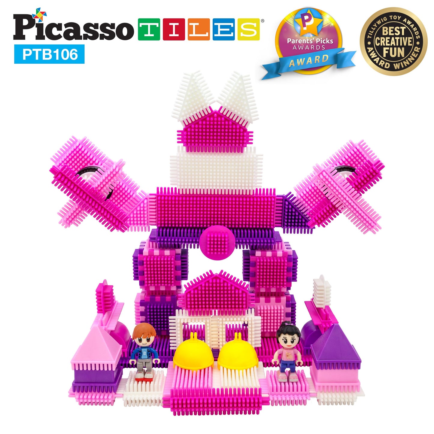 PicassoTiles PTB106 106pcs Hedgehog Lock Building Blocks Tiles Pink Castle Theme Set w/Human Figures Learning Playset STEM Toy Set Educational Kit