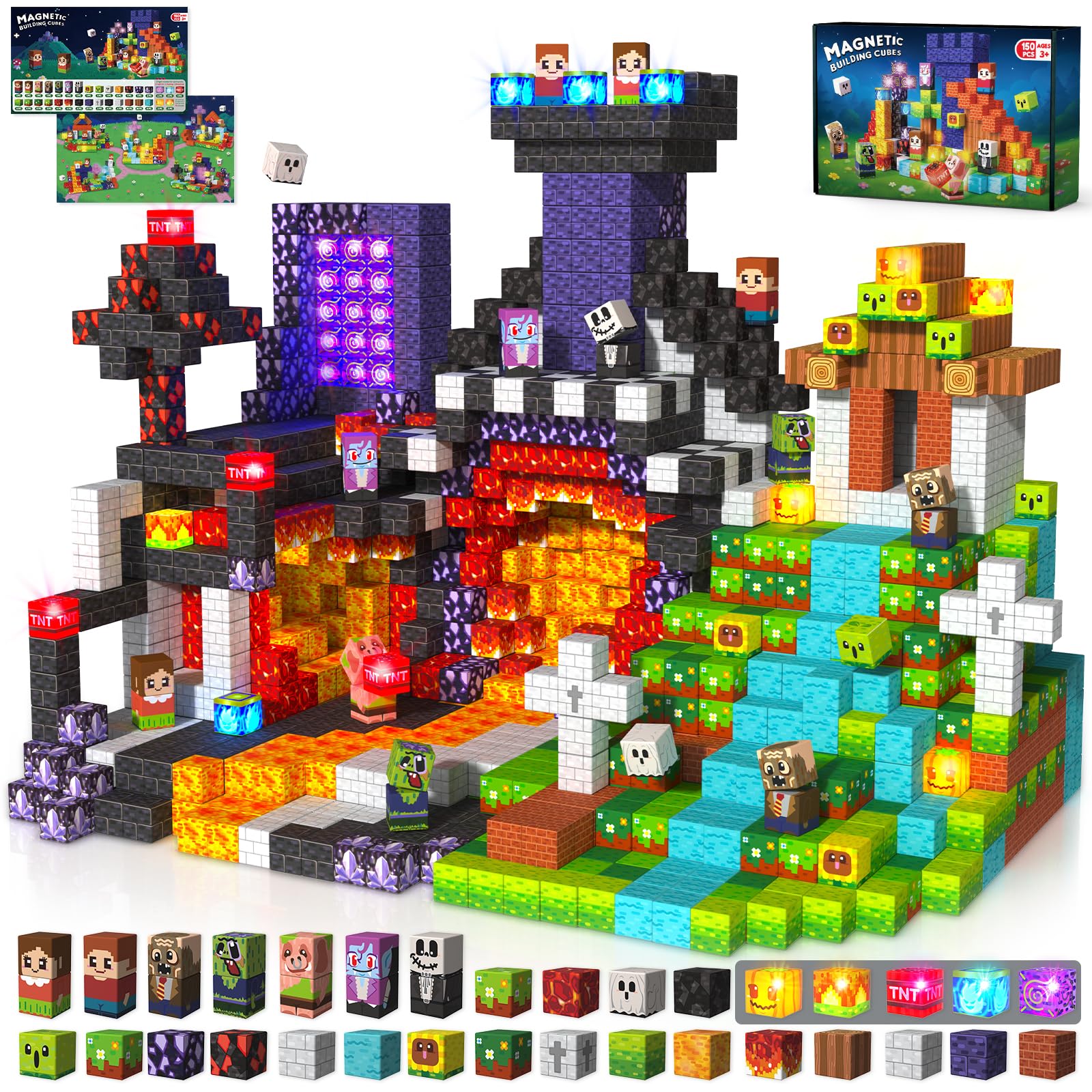 Magnetic Blocks with Light up Blocks -150PCS Magnetic Blocks for Kids Ages 4 5 6 7 8+, Magnetic Building Blocks for Kids Light up, Magnet Blocks