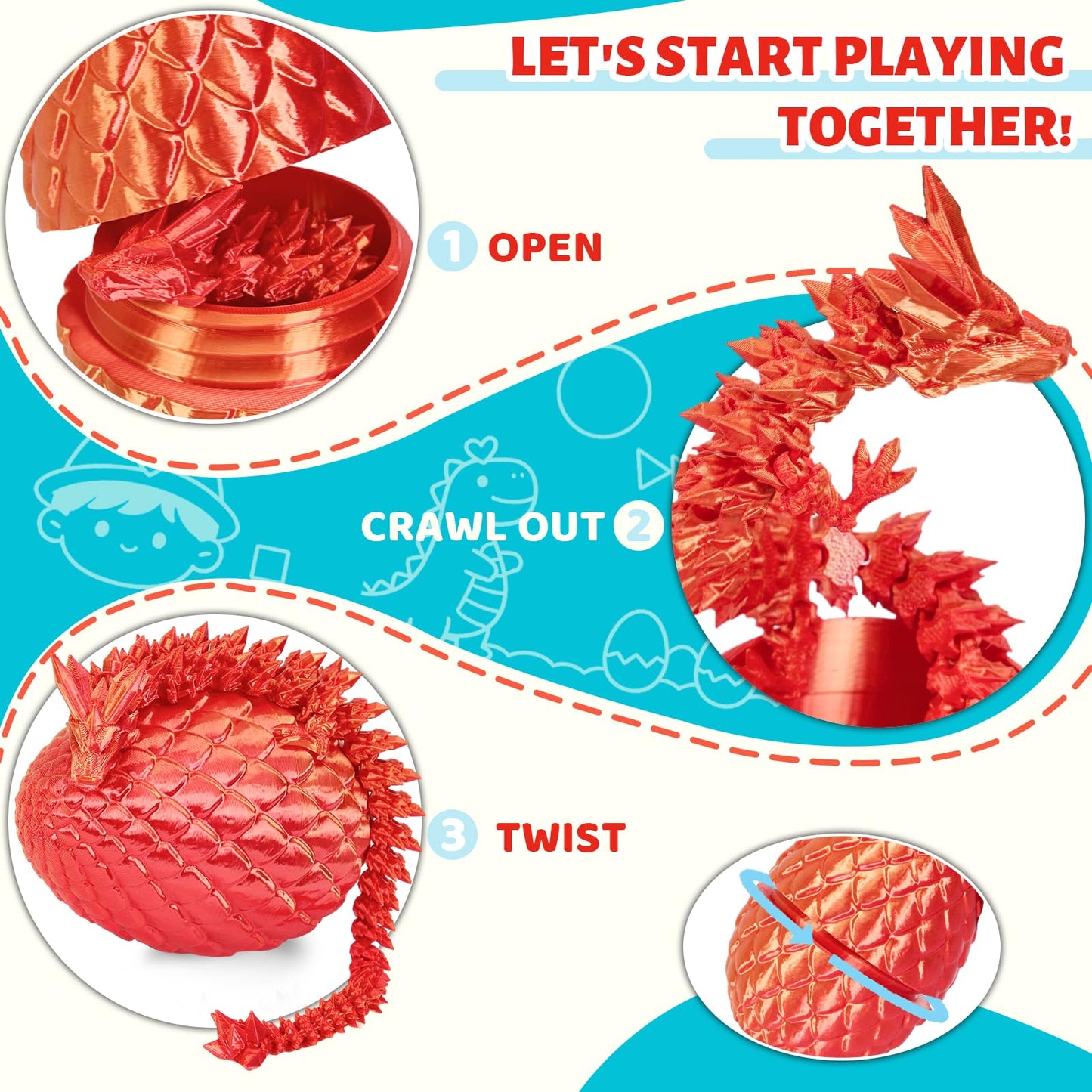 Cessfle 12" Prefilled Easter Eggs with 3D Printed Dragons Inside, 3D Printer Articulated Crystal Fidget Toy,Easter Basket Stuffers for 5-7 4-6 8-12
