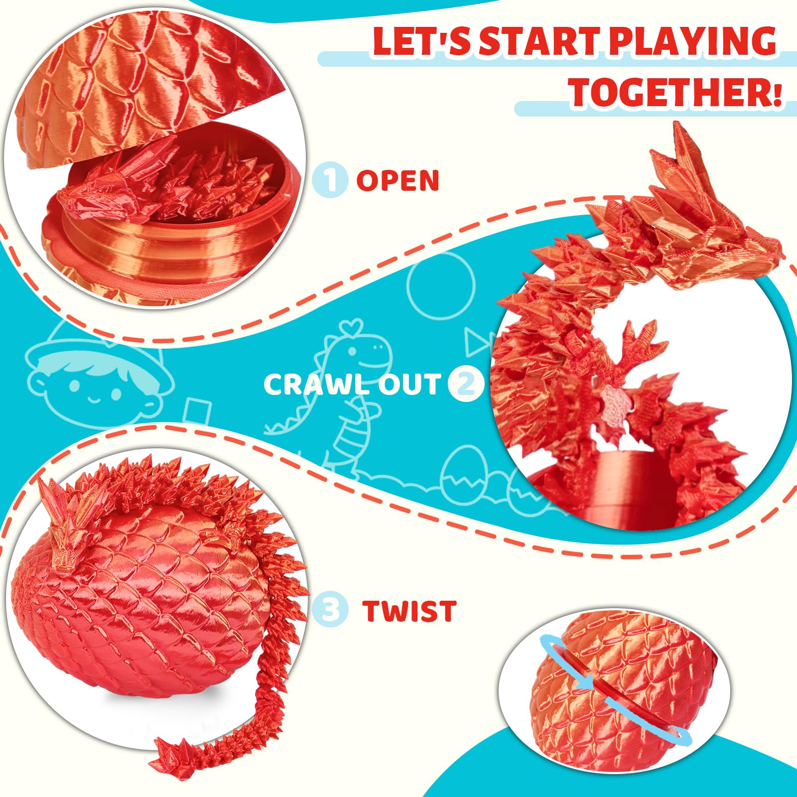 Cessfle 12" Prefilled Easter Eggs with 3D Printed Dragons Inside, 3D Printer Articulated Crystal Fidget Toy,Easter Basket Stuffers for 5-7 4-6 8-12