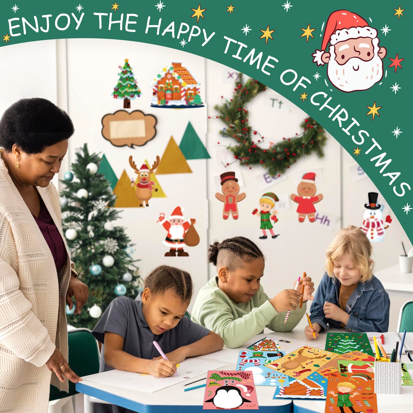 LINAYE 48 Sheets Christmas Stickers Crafts for Kids Toddlers, 8 Styles Make Your Own Stickers Goodie Treat Bag Stuffers Christmas Game Activities