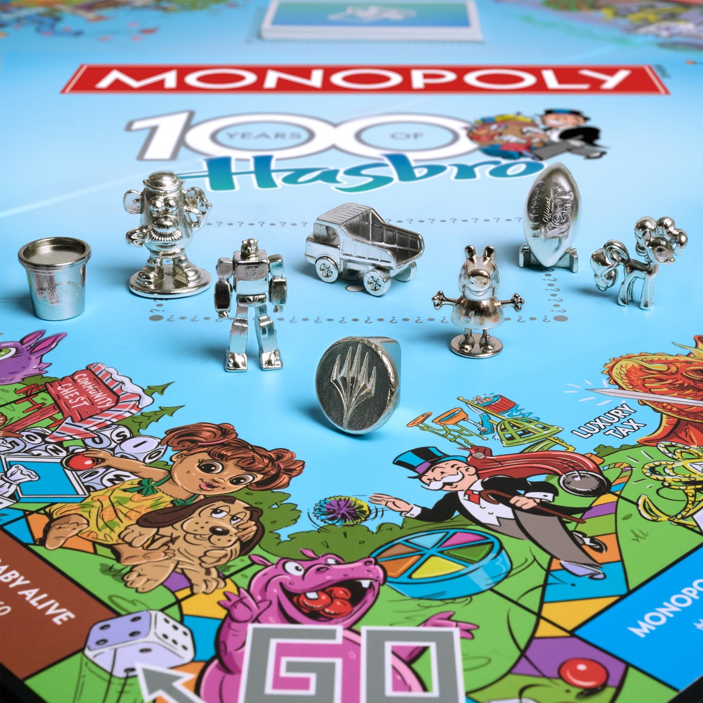 WS Game Company Monopoly Hasbro 100th Anniversary Edition Board Game in Special Edition Embossed Metal Tin with Bespoke Artwork & Eight Exclusive