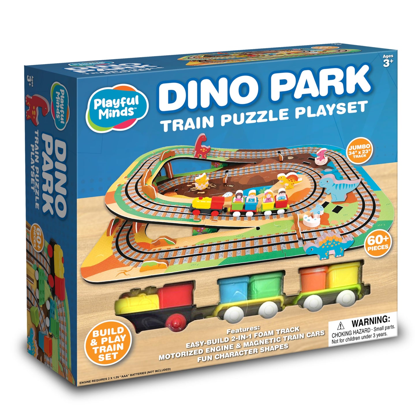 Playful Minds Dino Park Train Puzzle Playset - 60 Pc Build and Play Railway Set for Toddlers and Kids Ages 3-5 - EVA Foam Puzzle Track with Motorized