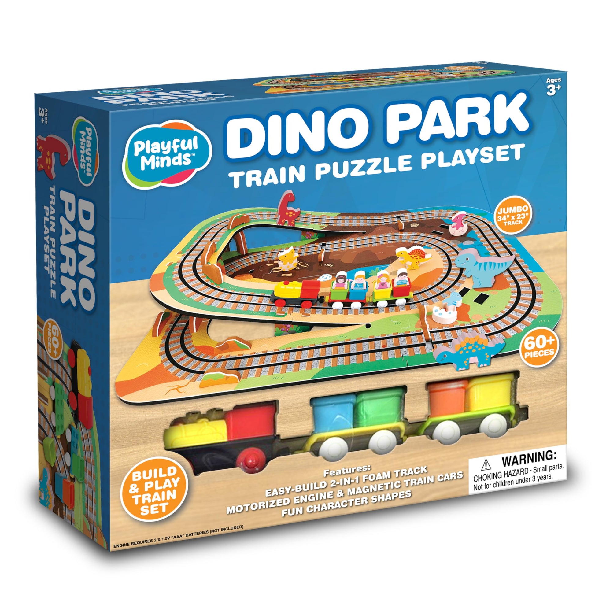 Playful Minds Dino Park Train Puzzle Playset - 60 Pc Build and Play Railway Set for Toddlers and Kids Ages 3-5 - EVA Foam Puzzle Track with Motorized