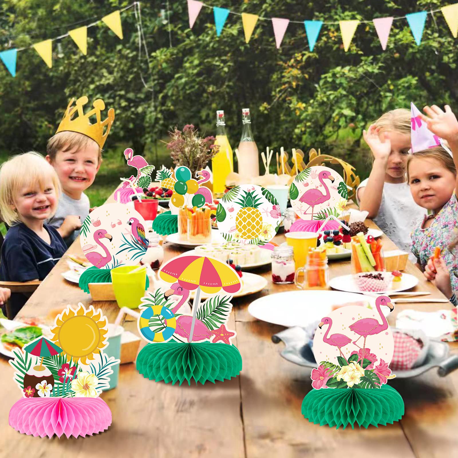 LINGXIU 9 Pieces Flamingo Themed Party Decoration Supplies Summer Hawaiian Tropical Aloha Honeycomb Centerpieces Table Toppers Decorations for Girl