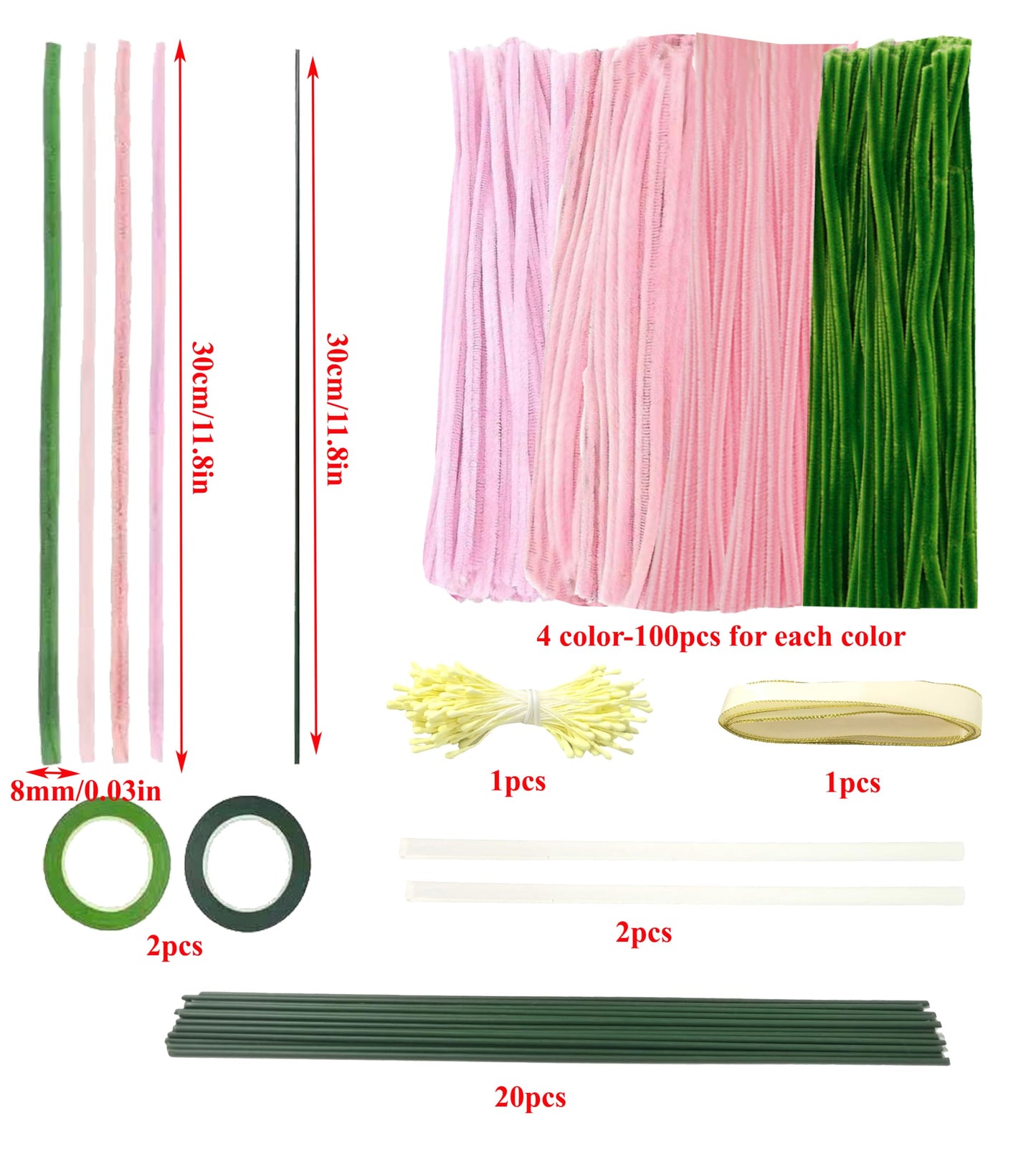 Sheliky Pipe Cleaner Flower Kit 400Pcs Pipe Cleaners Craft Bulk Chenille Stems for Flower Making DIY Bouquets Party Decor with Floral Wires, Gardening