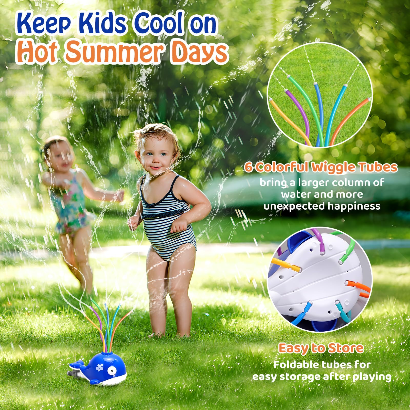 HeySplash Kids Whale Sprinkler Toy, 6 Wiggle Tubes for Garden Hose Over 3Y