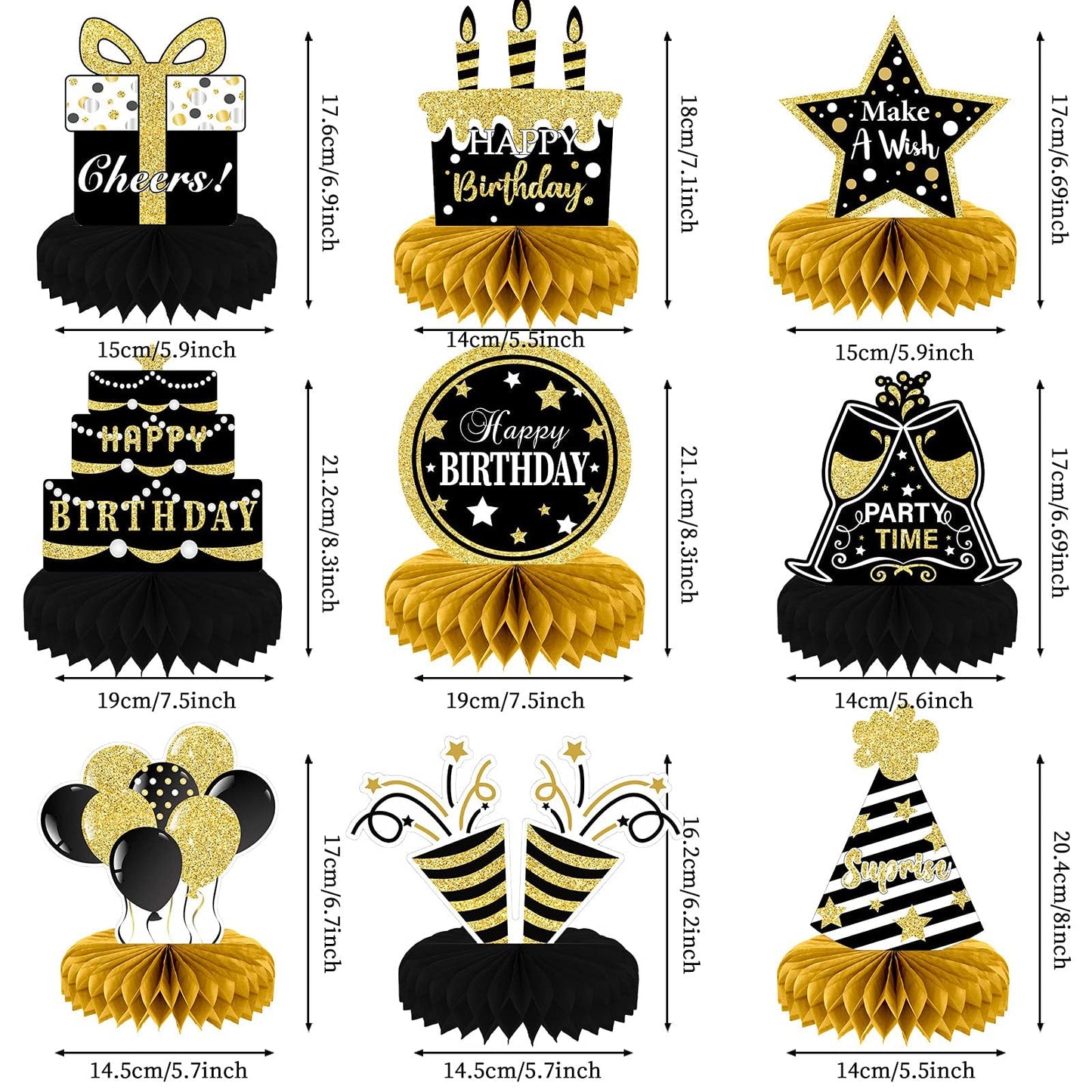 Tevxj 9 Pieces Black Gold Birthday Decorations: Honeycomb Table Toppers & Centerpieces for Tables, Happy Birthday Party Supplies