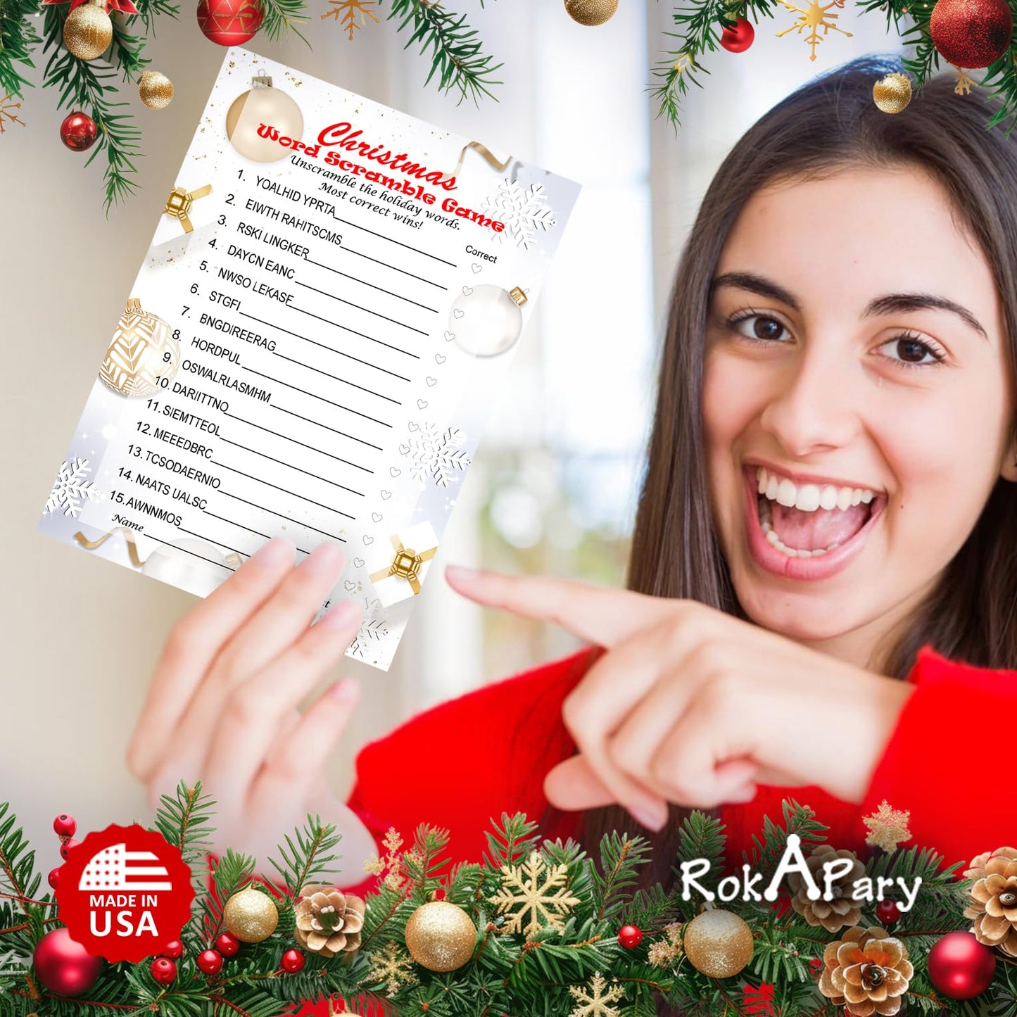 RokAPary Christmas Word Scramble Game, Christmas Holiday Party Ideas, Play Pack of 30 Cards 5”x7”. Made in USA