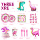 Pink Three Dino Rex Birthday Party Decorations Dinosaur 3rd Birthday Décorations Three inspired Rex Birthday Party Supplies include balloon backdrop
