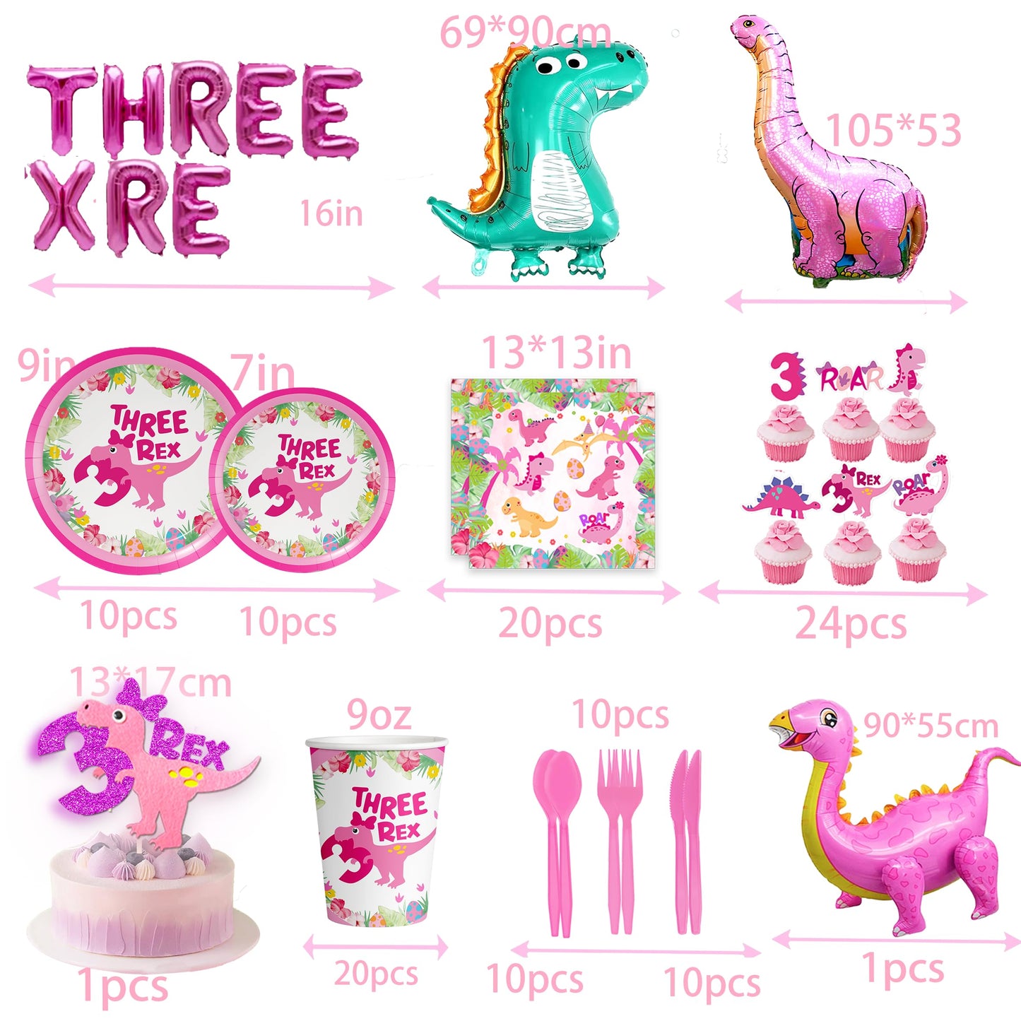 Pink Three Dino Rex Birthday Party Decorations Dinosaur 3rd Birthday Décorations Three inspired Rex Birthday Party Supplies include balloon backdrop