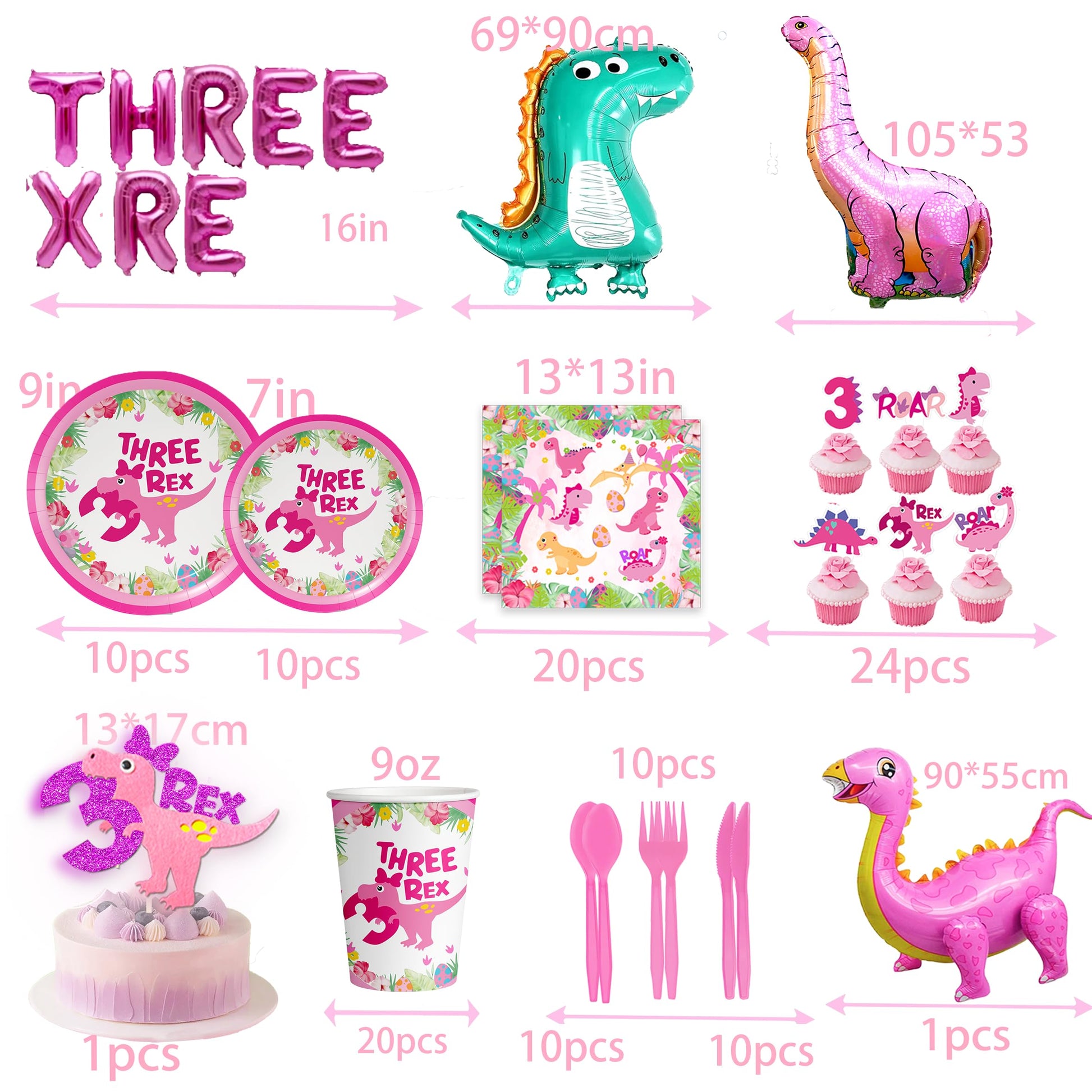 Pink Three Dino Rex Birthday Party Decorations Dinosaur 3rd Birthday Décorations Three inspired Rex Birthday Party Supplies include balloon backdrop