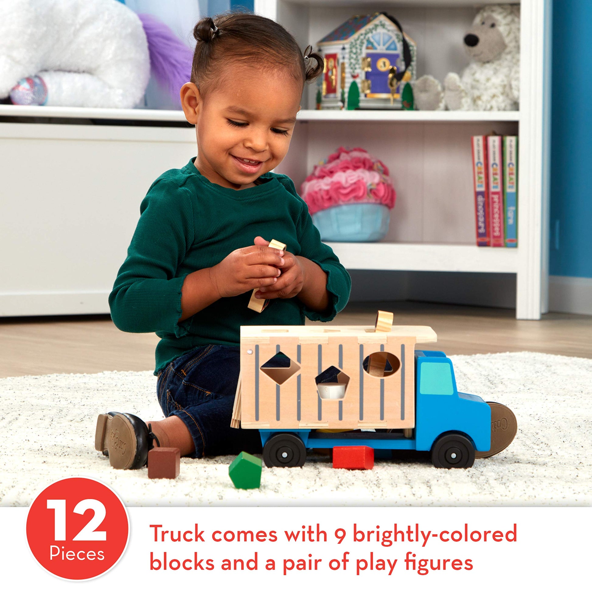 Melissa & Doug Shape-Sorting Dump Truck Wooden Toy with 9 Blocks and 2 Toy Figures - Montessori Toys and Toddler Toys for Preschool Learning
