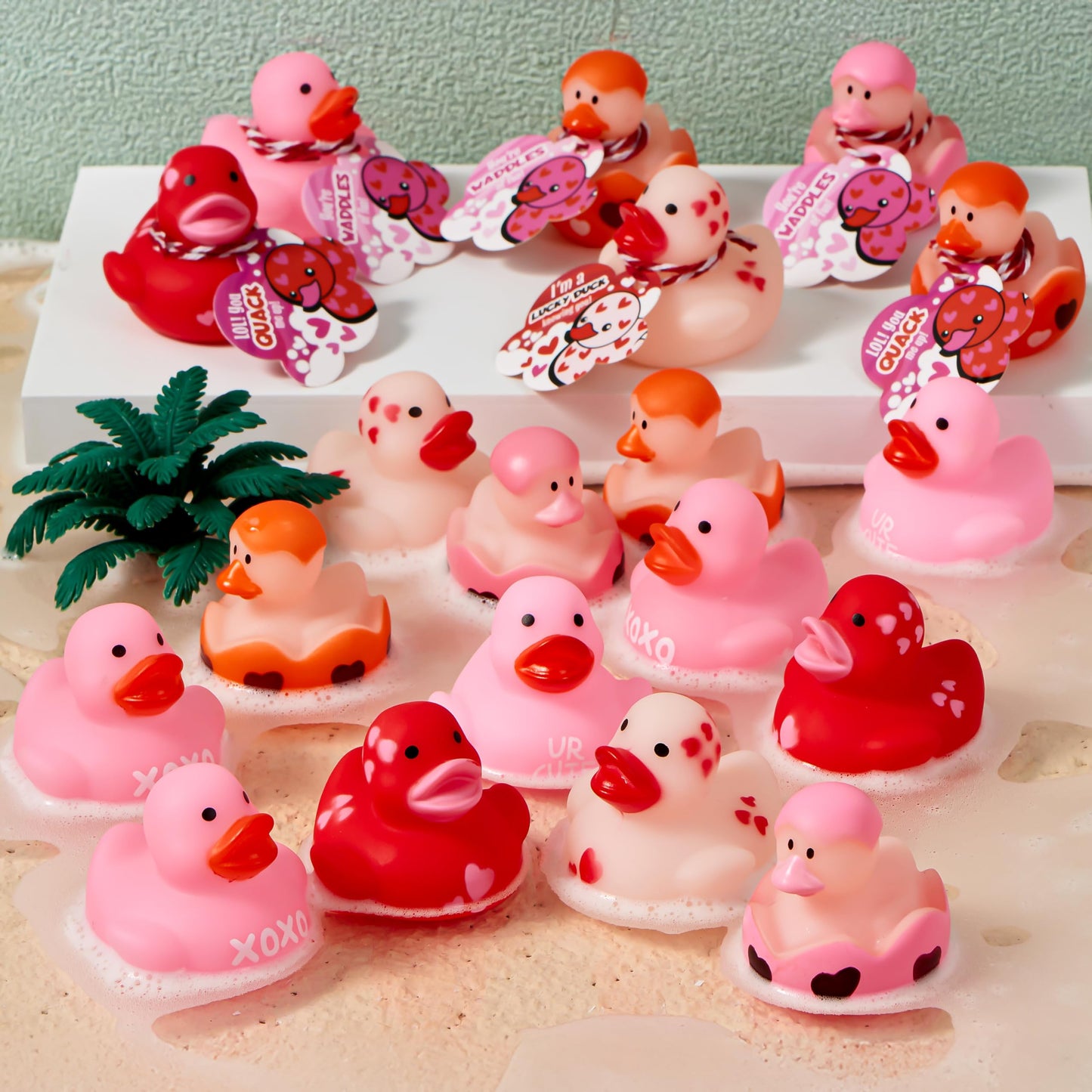 JOYIN 24 Pcs Valentine’s Day Gift Cards with Rubber Duck for Kids,Mini Rubber Duck Bath Toys for Classroom Exchange Prizes, Valentine Party Favors
