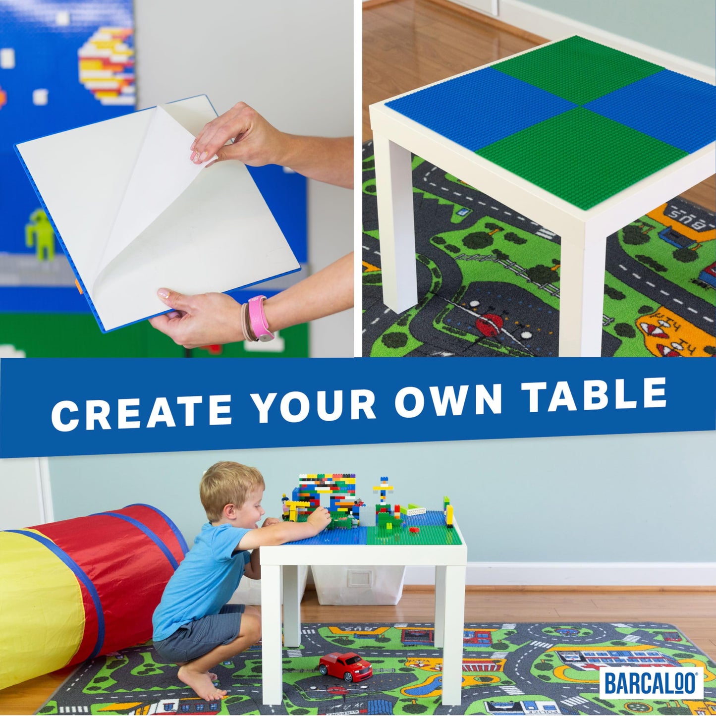 Barcaloo Peel and Stick Self Adhesive Baseplates Mat - 4 Pack 10x10 Inch Adhesive Base Board for Building Brick Table, Green Panels for Table Top Play