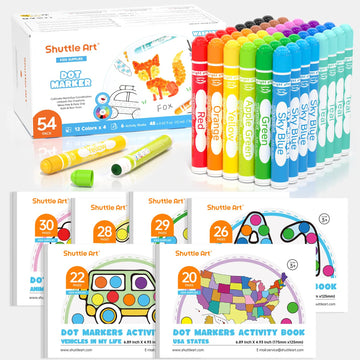 Shuttle Art 48 Pack Washable Dot Markers, 12 Assorted Colors with 6 Activity Books, Fun Art Supplies for Kids Toddlers, Non Toxic Water-Based Paint