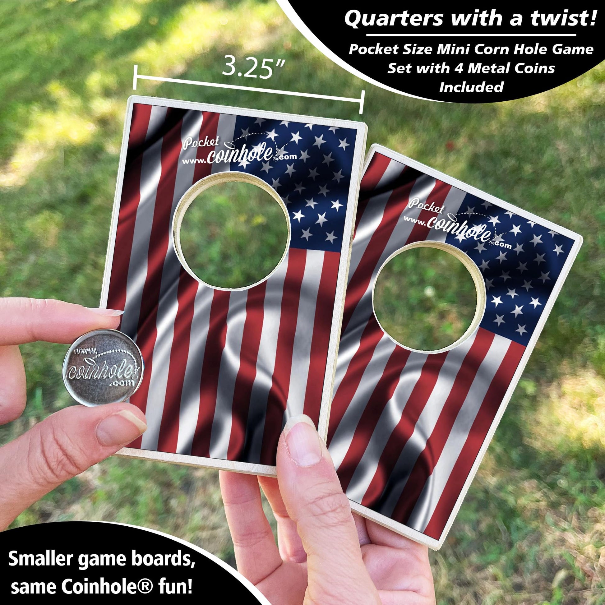 Coinhole Desktop Coin Bouncing Party Game Set | Tabletop Cornhole Board Game | Small Cornhole Travel Game Includes Coins (Pocket Size American Flag)