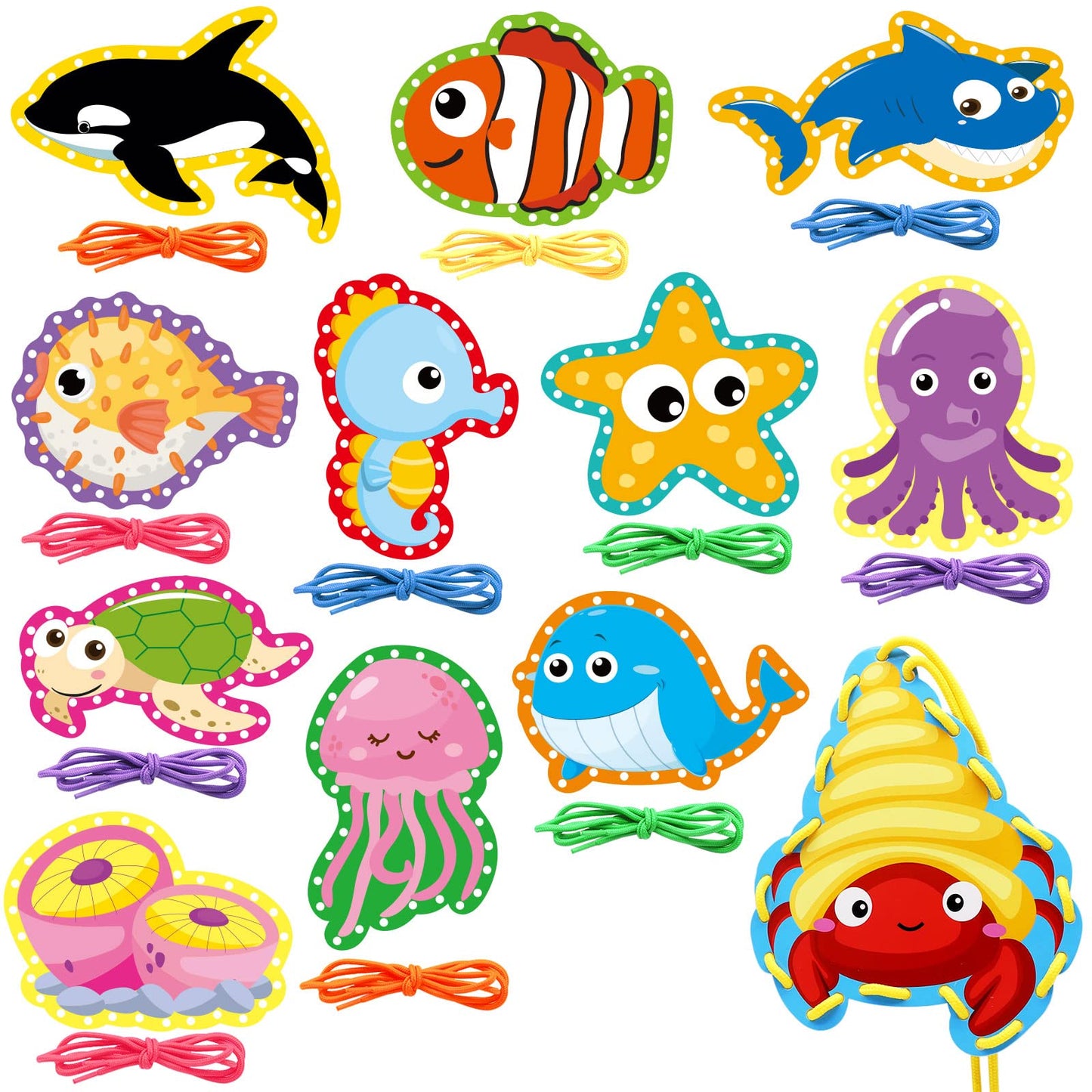 Sea Animals Lacing Cards Sewing Cards For Kids 12 Pack Shark Whale Ocean Theme Party Decor Double Sided Cardboard Lacing Playing Games for Preschool