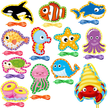 Sea Animals Lacing Cards Sewing Cards For Kids 12 Pack Shark Whale Ocean Theme Party Decor Double Sided Cardboard Lacing Playing Games for Preschool