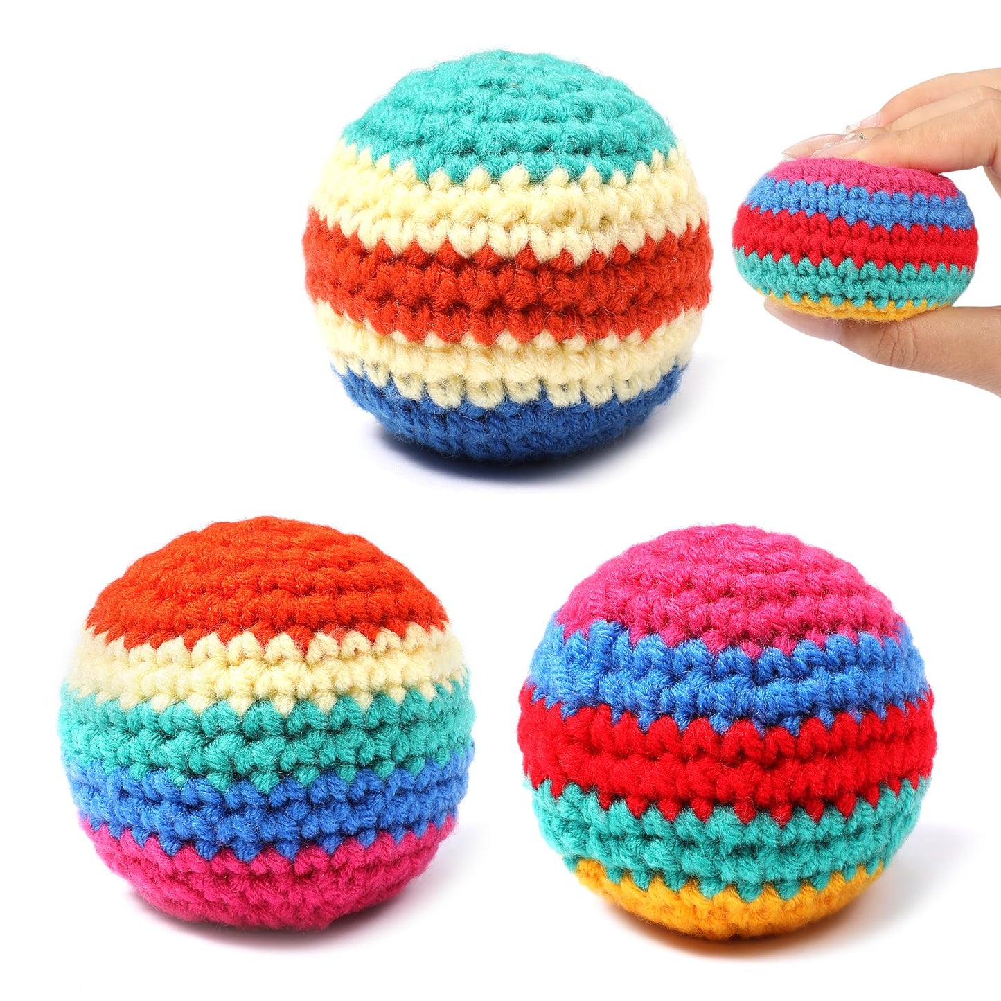 ADTWOMERIE Hand Knit Sack Ball Pack of 3 Plastic Pellet Filled Footbag Toy