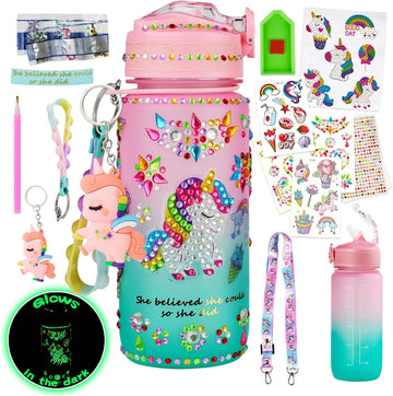 Bemetu Glow in the Dark Decorate Your Own Water Bottle Kits for Girls Age 4 5 6 7 8 9 10, Unicorn Diamond Painting Crafts Stickers, Fun Arts