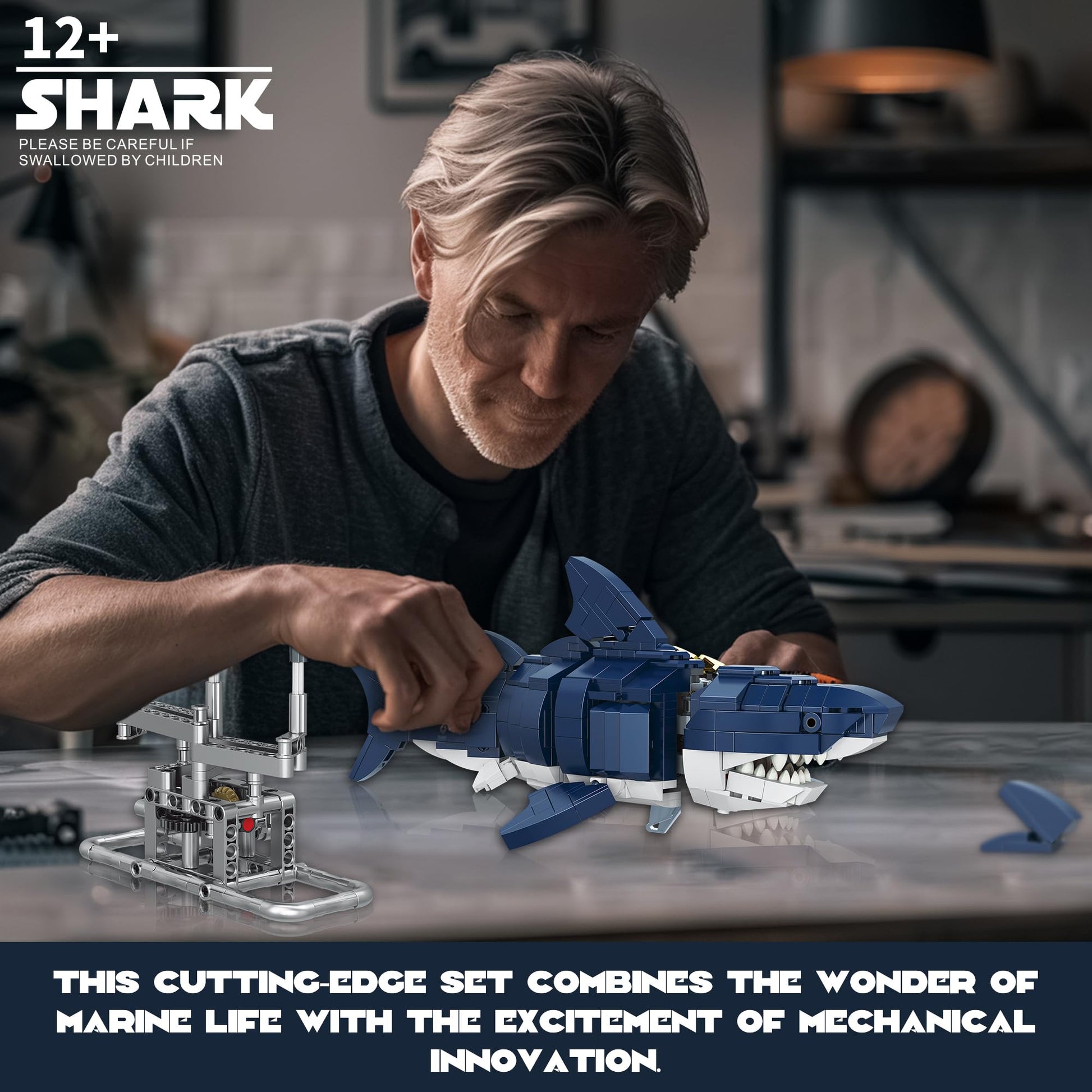 Jorumo Shark Building Block Set for Boy 8-12, Ideas Sea Animal Building Blocks Toys with Lighting and Rotatable Link Components, STEM Toys for Kids