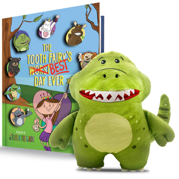 Rebel Dinosaur Tooth Fairy Pillow and Book Bundle | 8" Plush with Pocket for Lost Teeth & Hardcover Storybook w/Tracker, Q&A for Boys Girls Children