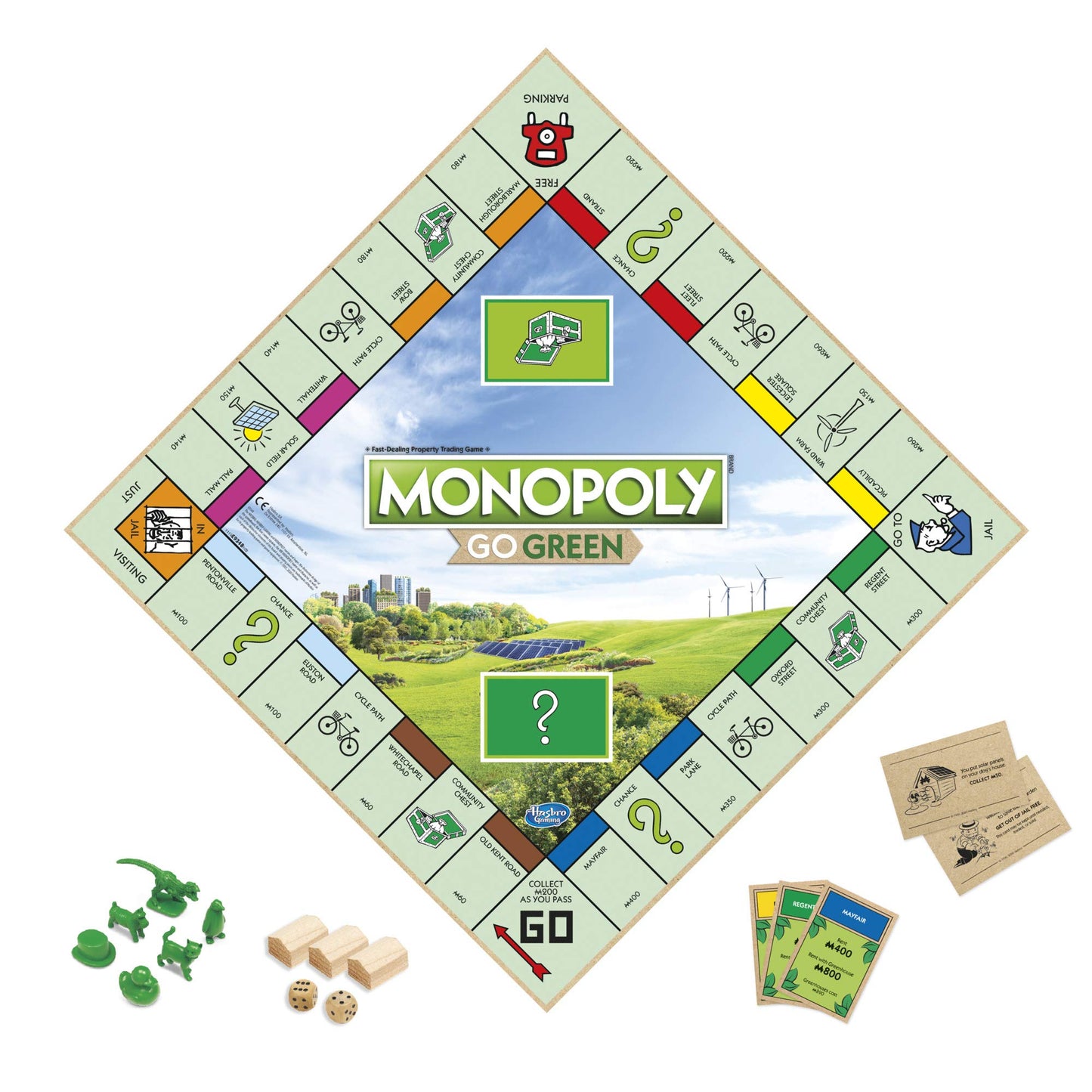 Hasbro Gaming Monopoly: Go Green Edition Board Game | Made with 100% Recycled Paper Parts and Plant-Based Plastic Tokens | Family Board Games | Ages 8