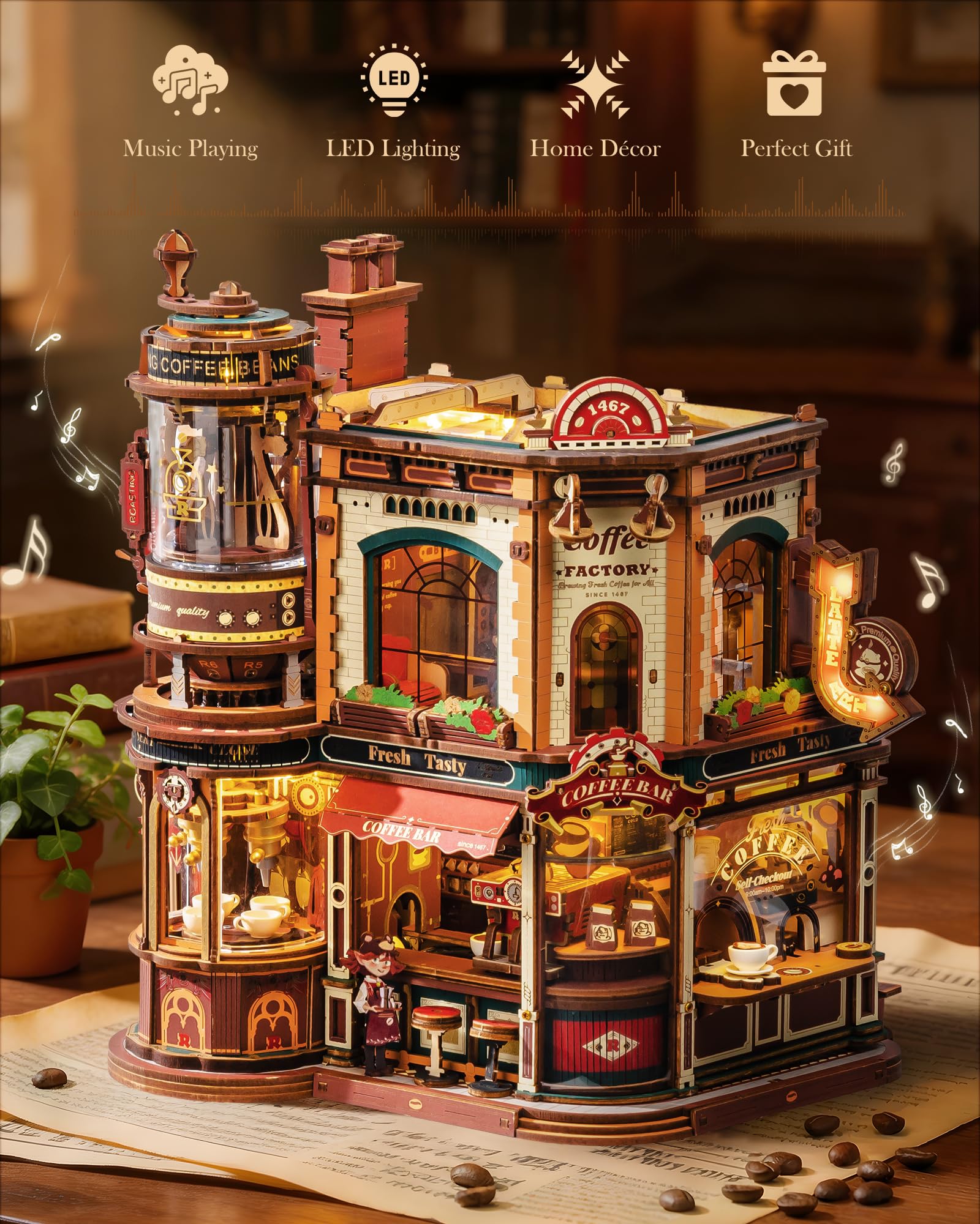 ROBOTIME Moving Coffee Factory 3D Wooden Puzzle for Adults - Mechanical Building Kit with Music Box & Warm LED Lights, 593PCS No-Glue Book Nook Kit