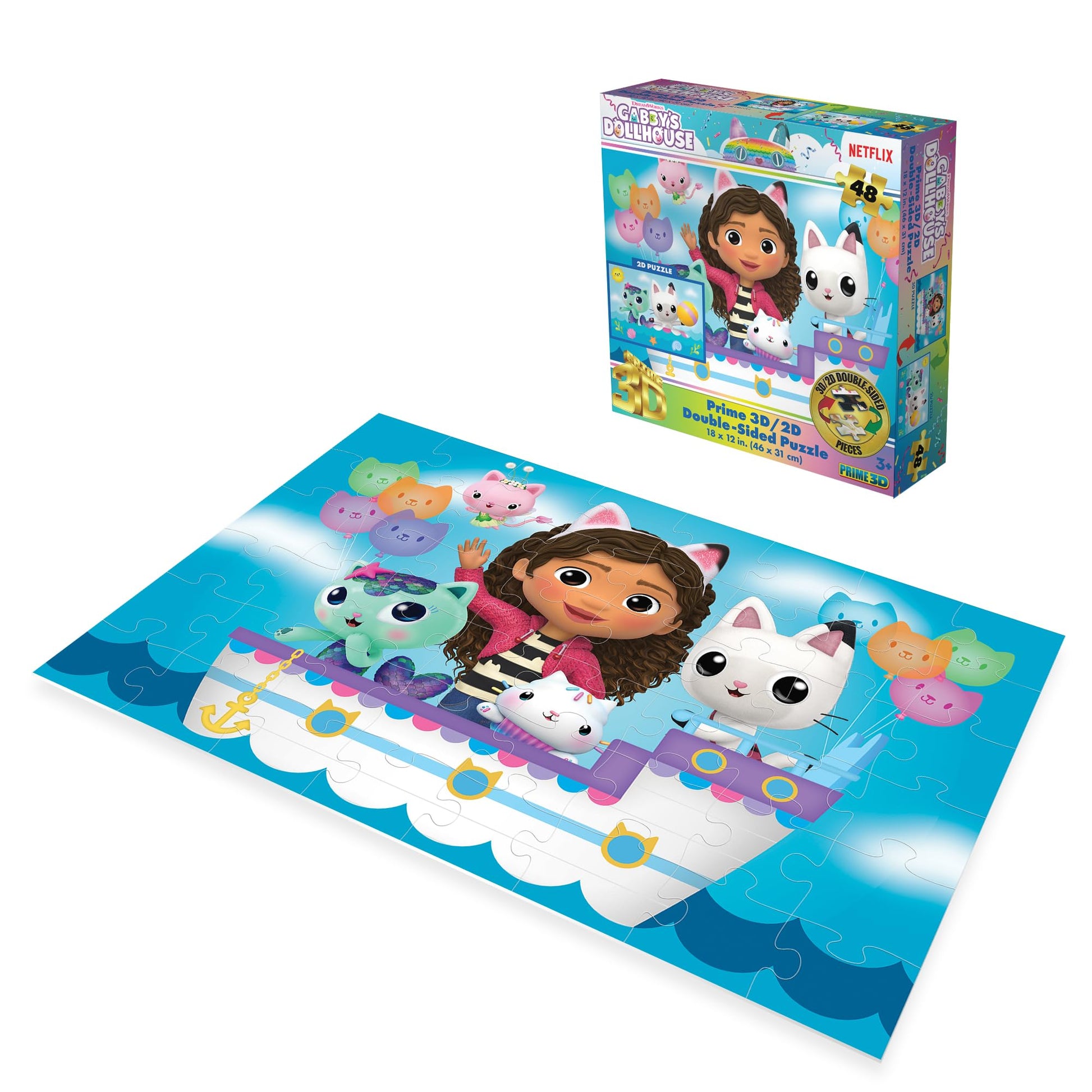 Prime 3D Gabby’s Dollhouse Double-Sided Puzzle - 48 Piece 3D/2D Lenticular Jigsaw Game for Kids Age 3+, 12"x18" Activity with Motion, Official