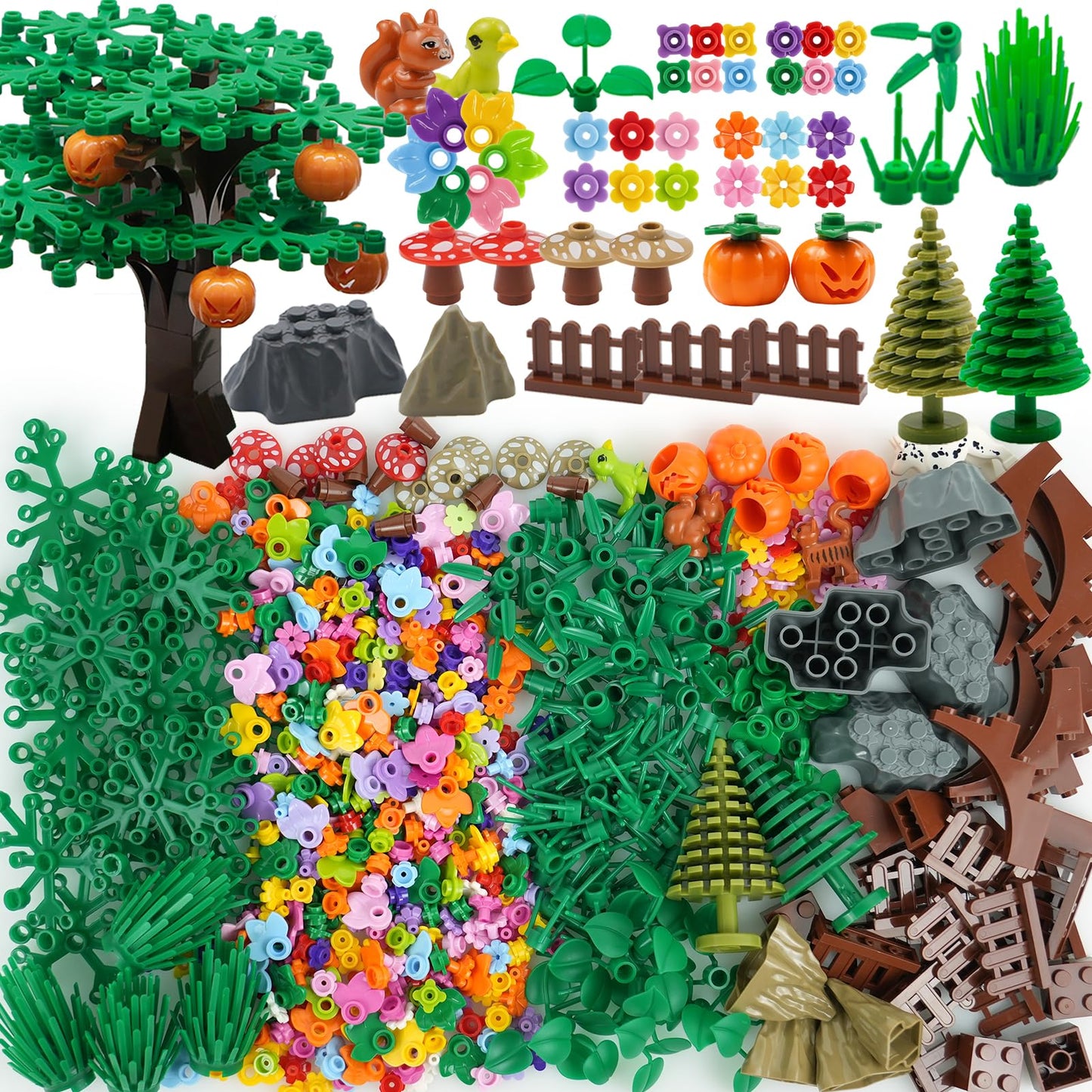 Plants Tree Building Blocks Accessories- Bulk Botanical Parts and Pieces, Flower Leaves Forest Jungle Park Bricks, Animals Farm Grass for Blocks