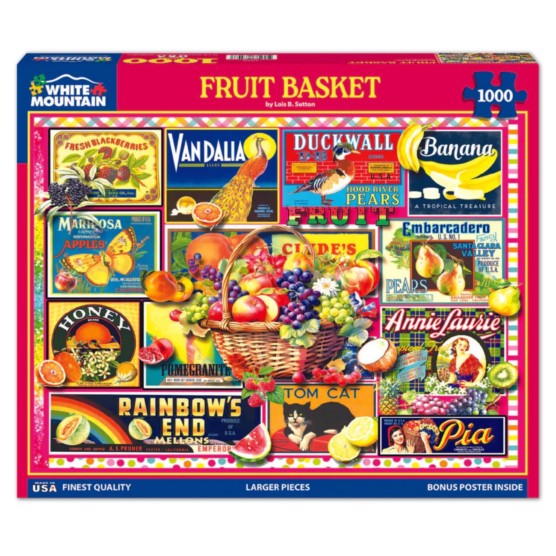 White Mountain 1000 Piece Jigsaw Puzzle Vintage Label Collage, Fruit Basket