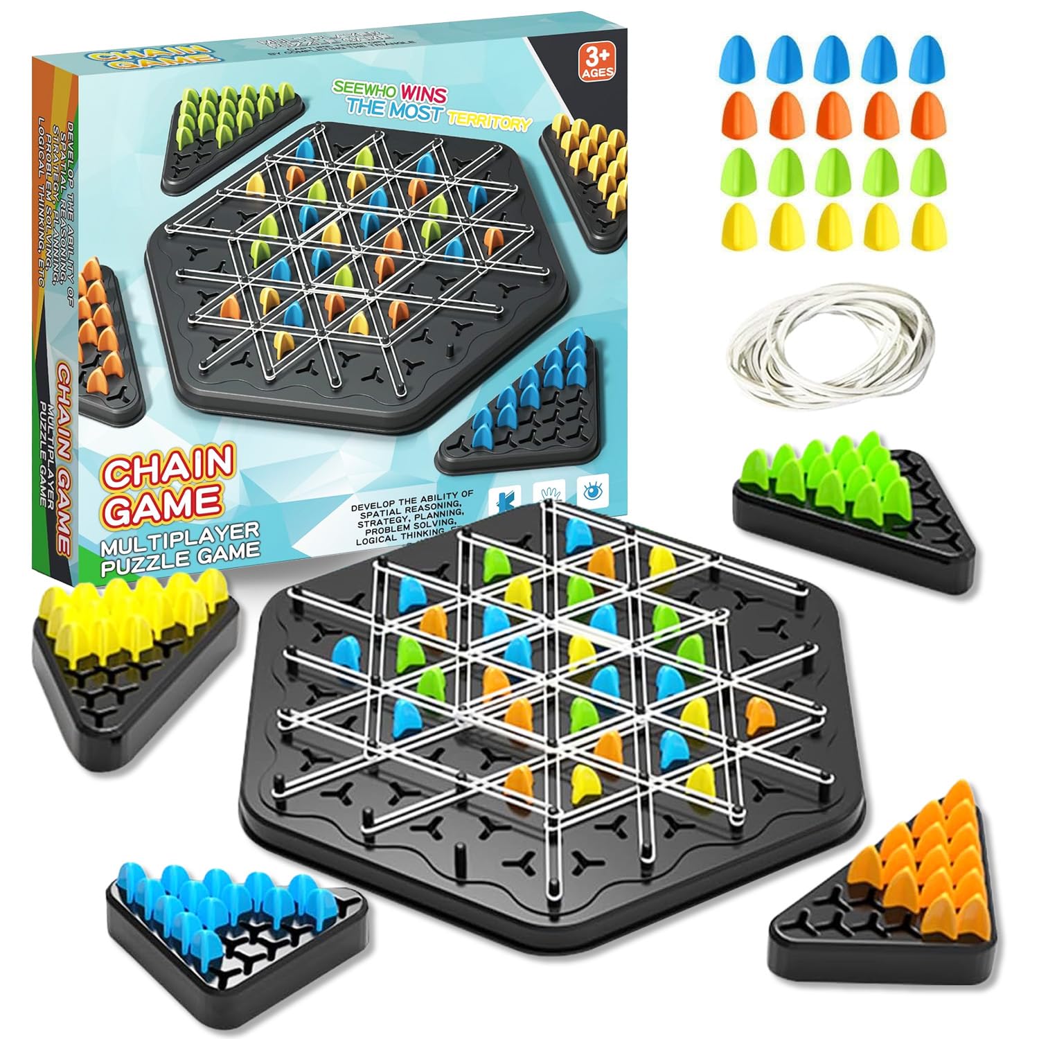 Chain Triangle Chess Game, Rubber Band Chess Board Tabletop Game, Family Puzzle Tabletop Game for Kids and Adults for 2 to 4 Players