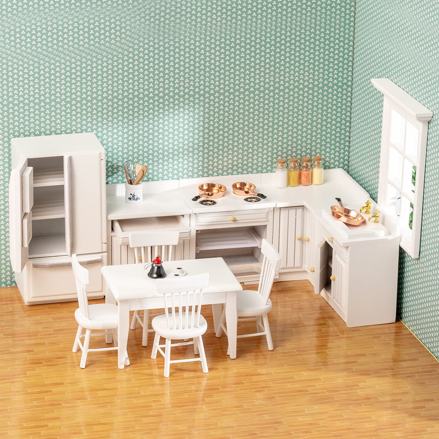 SAMCAMI Wooden Dollhouse Furniture Set - Miniature Dollhouse Furniture 1 12 Scale for Dollhouse Kitchen - Doll House Furniture Toys Incl Kitchen