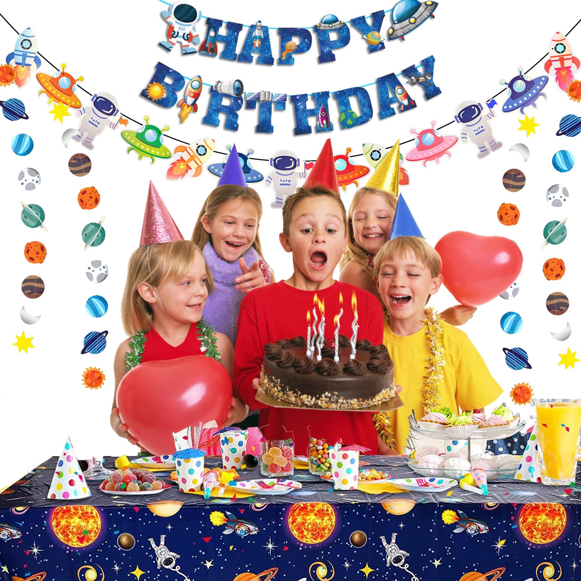Outer Space Party Decorations - Space Theme Supplies with Happy Birthday Banner Solar System Tablecloth for Galaxy Party Decor (Tablecloth+Flag