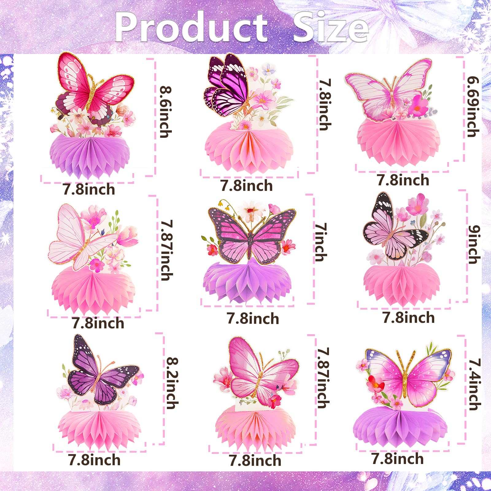 9 Pcs Butterfly Honeycomb Centerpieces, 3D Pink and Purple Butterfly Table Decorations with Floral Designs for Girls Birthday Parties, Baby Showers
