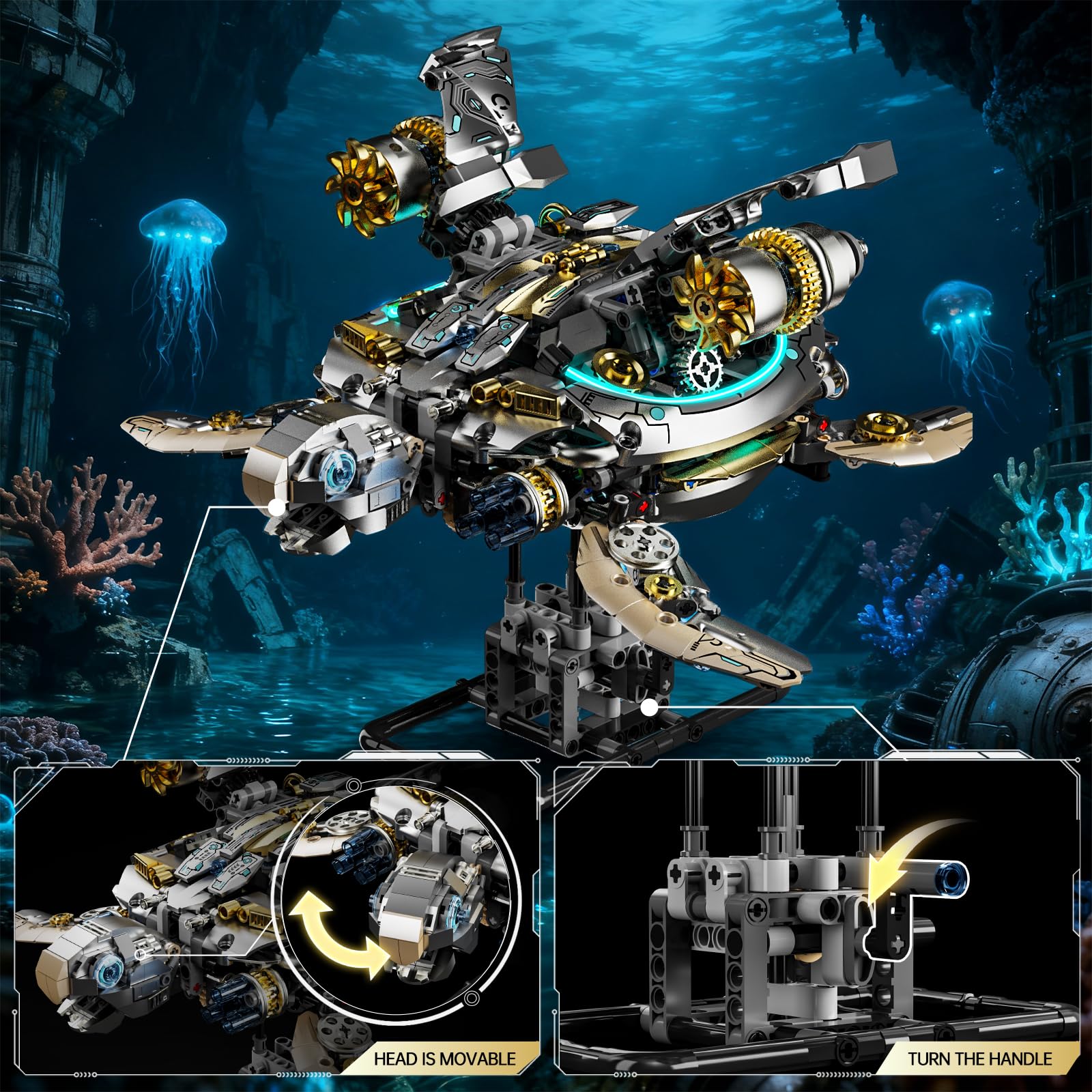 Myth Qholve Mechanical Turtle Building Block with Hand-Crank Gear Motion