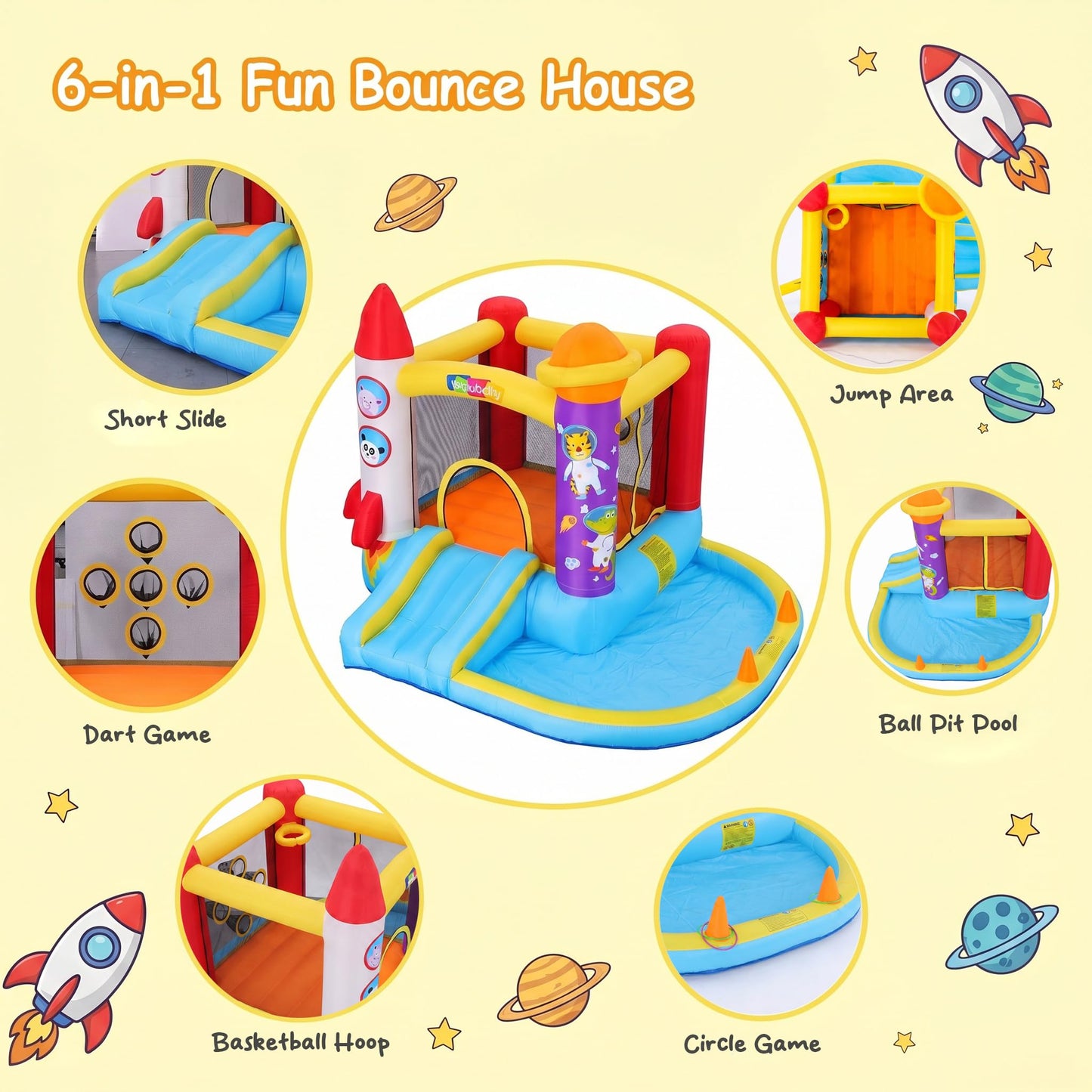 Whubefy Inflatable Bounce House for Kids 3-6, Bouncy House with Ball Pit Pool, Jumping Castle with Blower for Kids,Space Theme Play House 112x98.4 in