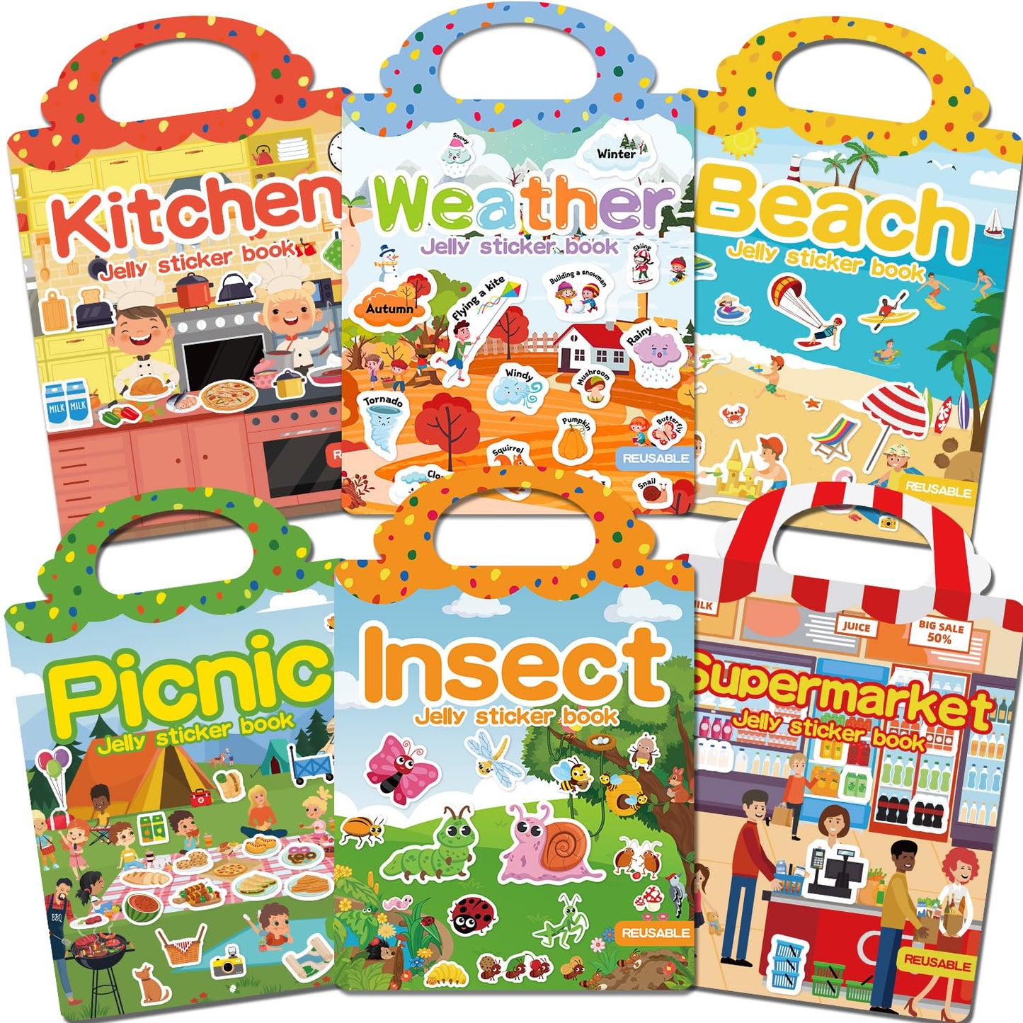 CREATIVETREES 6 Sets Reusable Sticker Book for Toddlers 3-6, Jelly Sticker Books for Toddler, Travel Sticker Activity Toys for Kids 3 4 5 6 Years Old