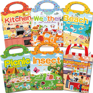 CREATIVETREES 6 Sets Reusable Sticker Book for Toddlers 3-6, Jelly Sticker Books for Toddler, Travel Sticker Activity Toys for Kids 3 4 5 6 Years Old