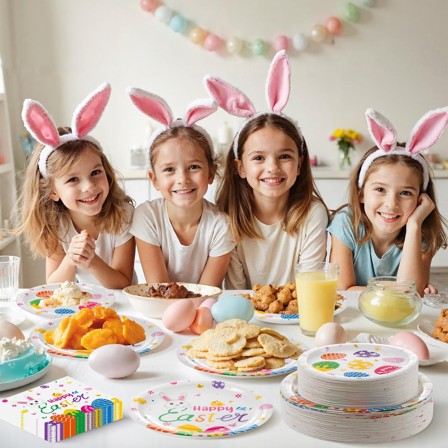 150 Pcs Happy Easter Plates and Napkins - Easte Egg Paper Dinnerware Set, Cute Eastes Rabbit Dinner Dessert Plates Luncheon Napkins Tableware