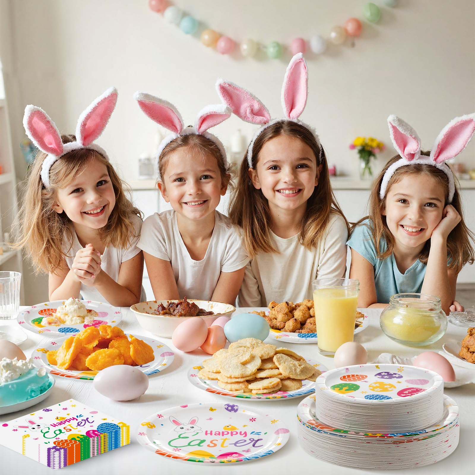150 Pcs Happy Easter Plates and Napkins - Easte Egg Paper Dinnerware Set, Cute Eastes Rabbit Dinner Dessert Plates Luncheon Napkins Tableware