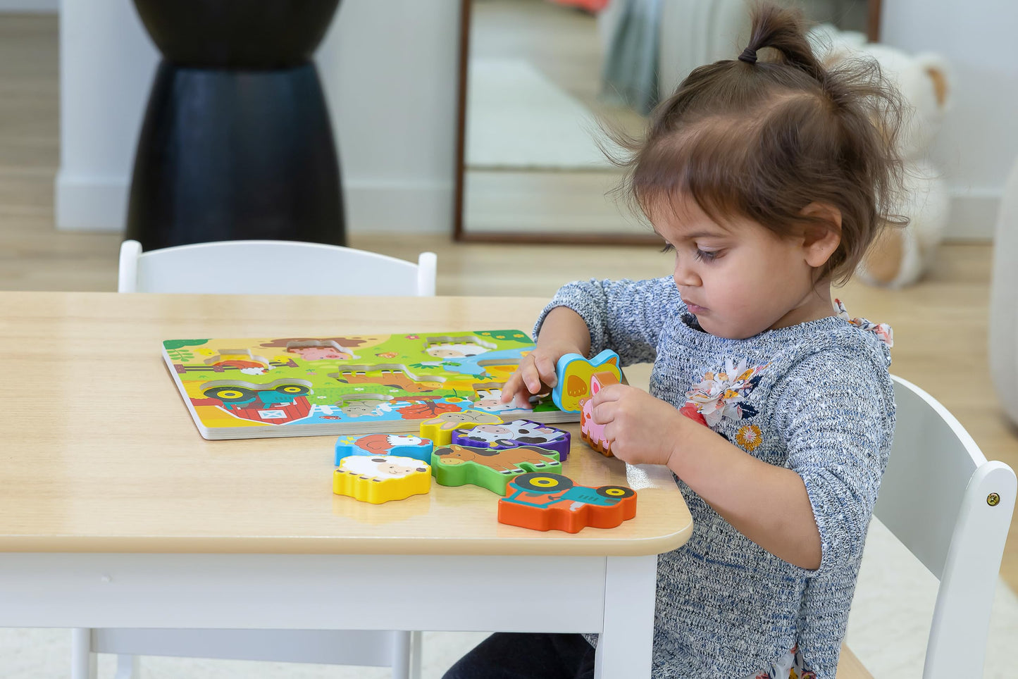 Jasey's Toy Chest Wooden Farm Puzzle & Play Pieces | 9-Piece Chunky Animal Puzzle with Board | Educational Toy for Toddlers Ages 12+ Months