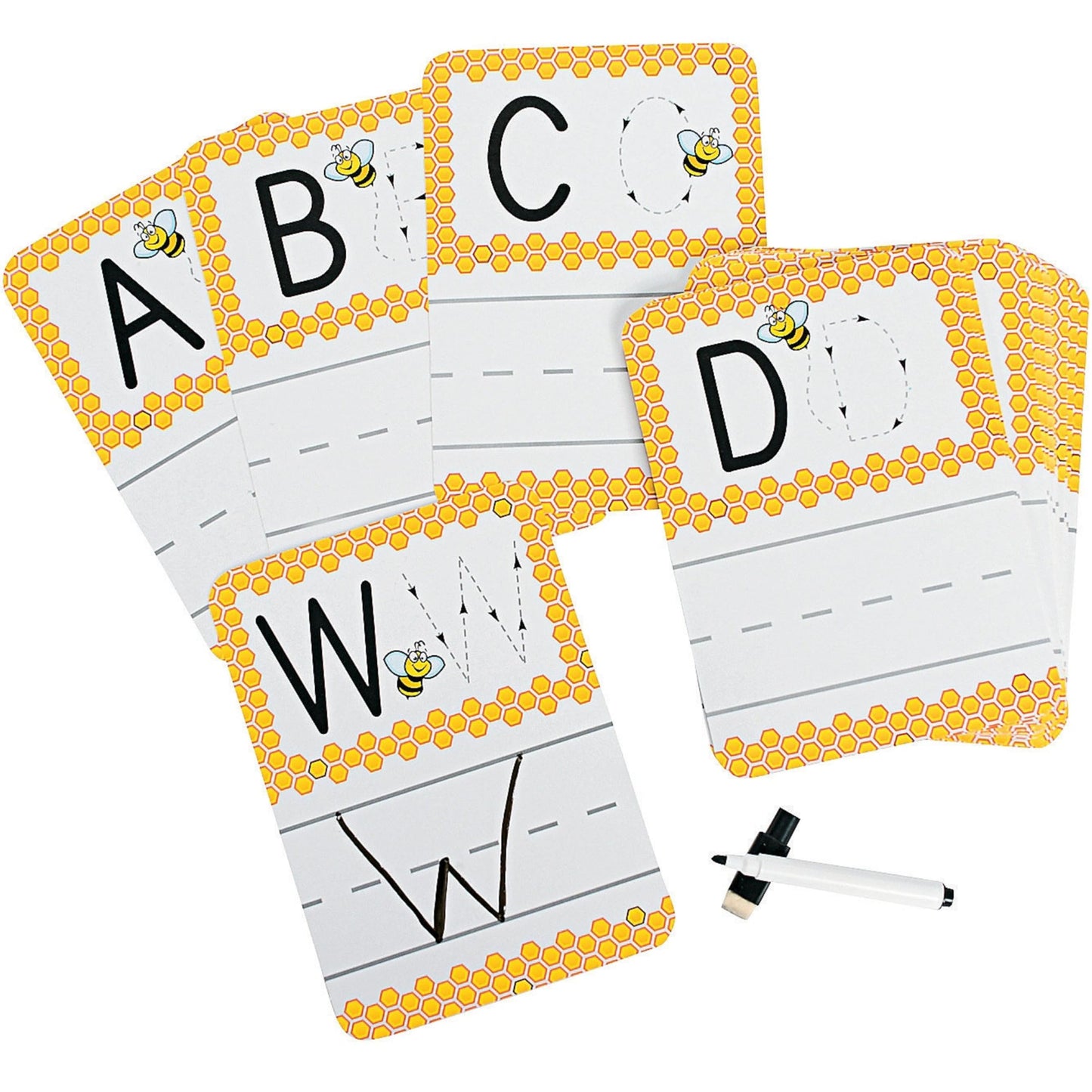 Fun Express Busy Bee Dry Erase Alphabet Cards for Kids 5" x 7" - Educational Write & Wipe Letter Cards for Learning Activities and Fun - 27 Pieces
